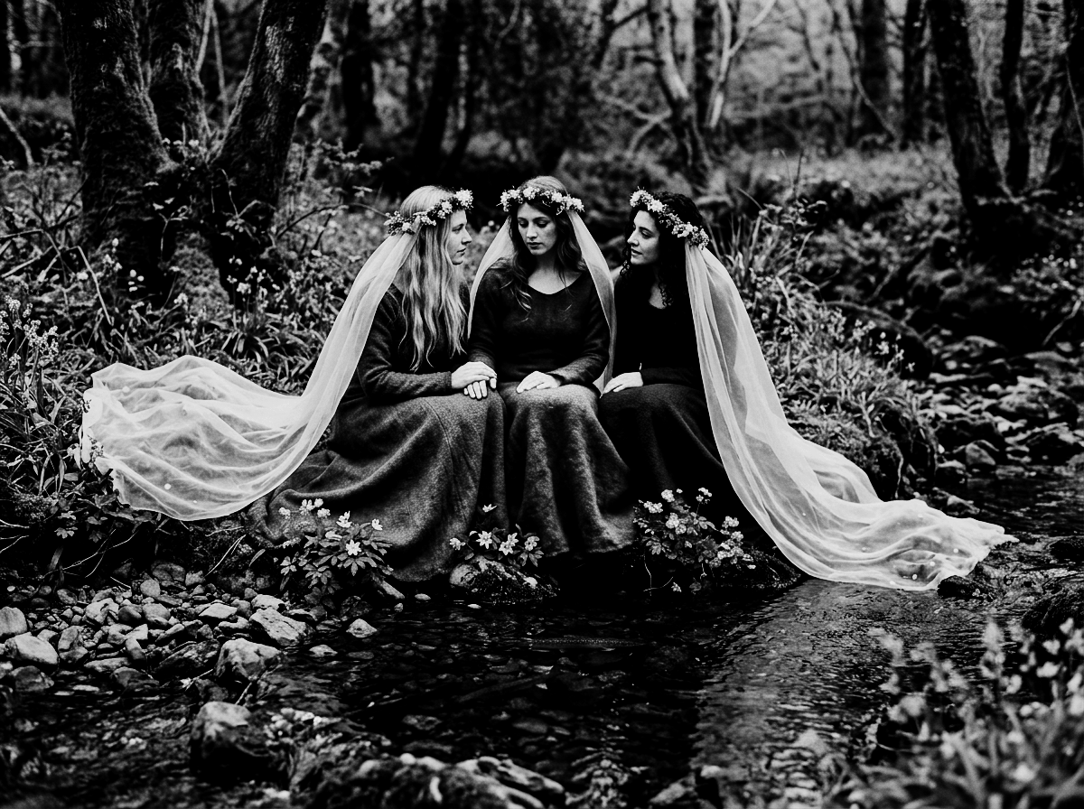 Three women wearing floral crowns and veils sit on rocks by a stream in a wooded area, dressed in dark, flowing dresses.