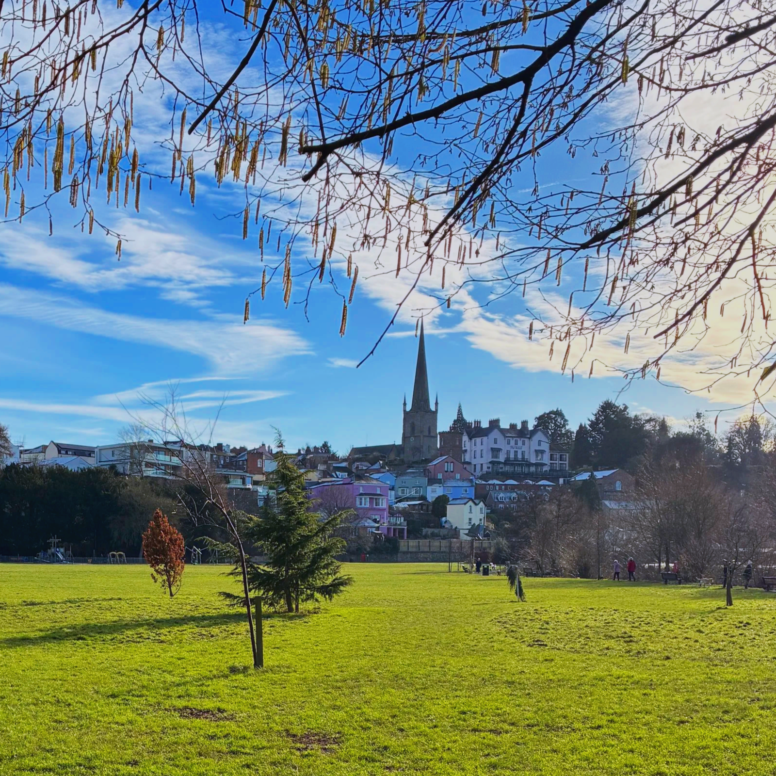 Park with a few trees on a lush green field, with a cityscape and a church steeple on a hill in the background. The sky is partly cloudy with blue and white clouds.