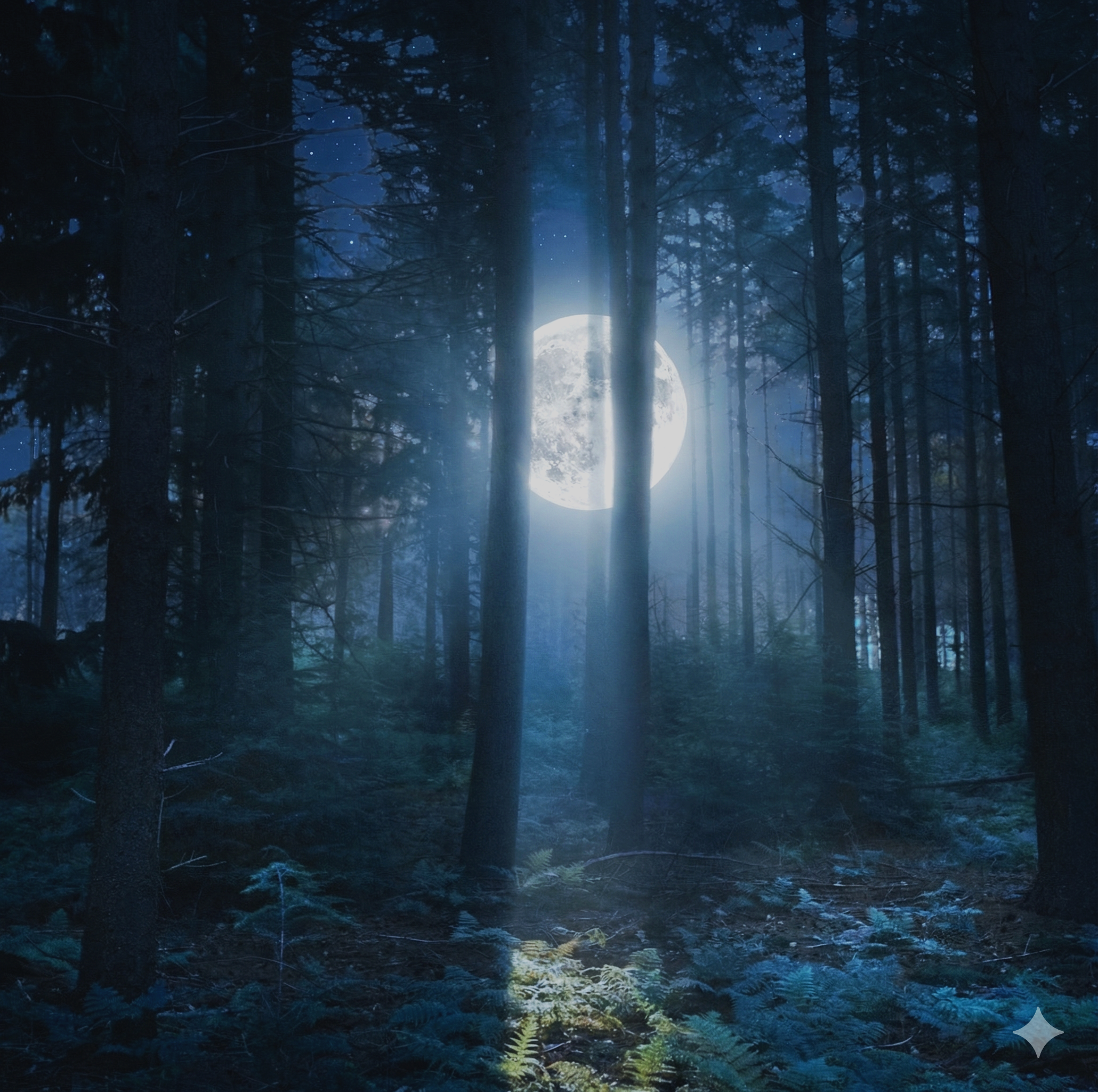 Full moon shining through the trees of a dark forest at night, with moonlight illuminating the forest floor.