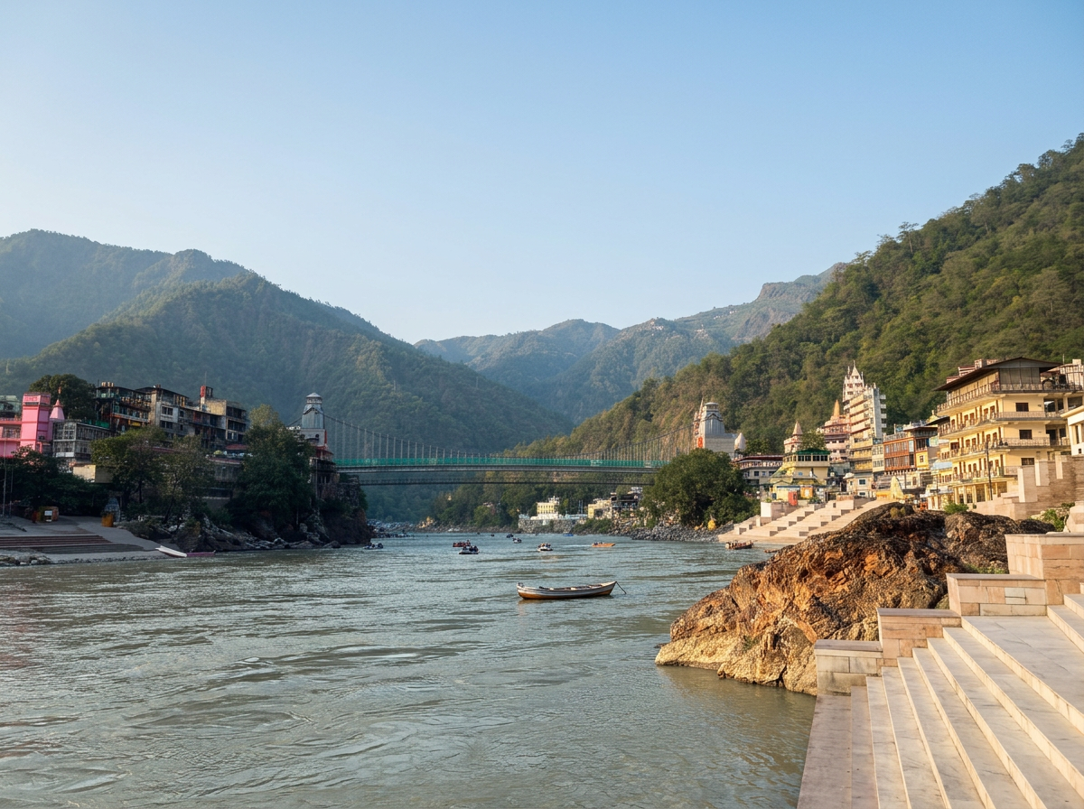 A river flows through a valley with mountains in the background, lined by colorful buildings and a bridge.