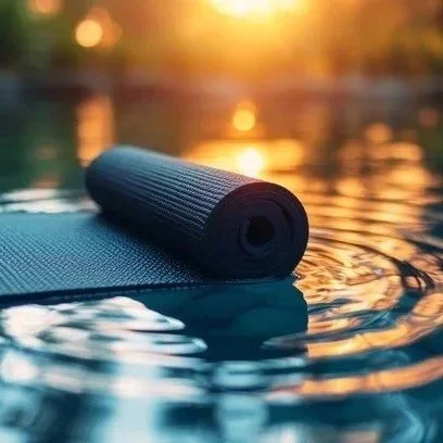 Rolled-up yoga mat floating on water at sunset.