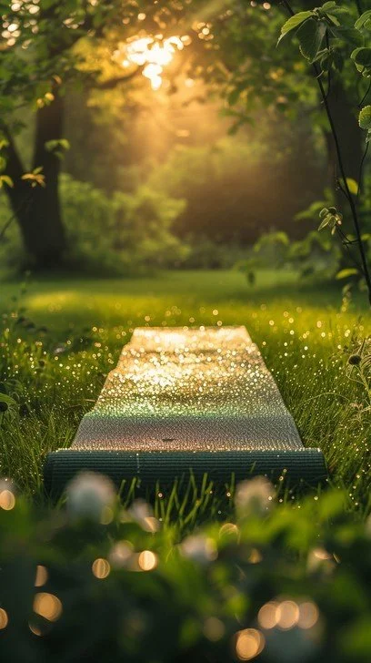 A sunny, grassy outdoor scene with a yoga mat on the ground, dew-covered, surrounded by trees and plants, with sunlight filtering through the trees in the background.