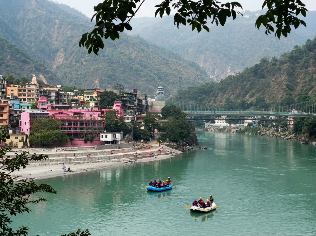 People participating in a rafting activity on a river with a town and mountains in the background.