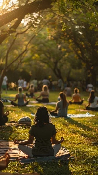 People practicing yoga outdoors in a park during sunset.