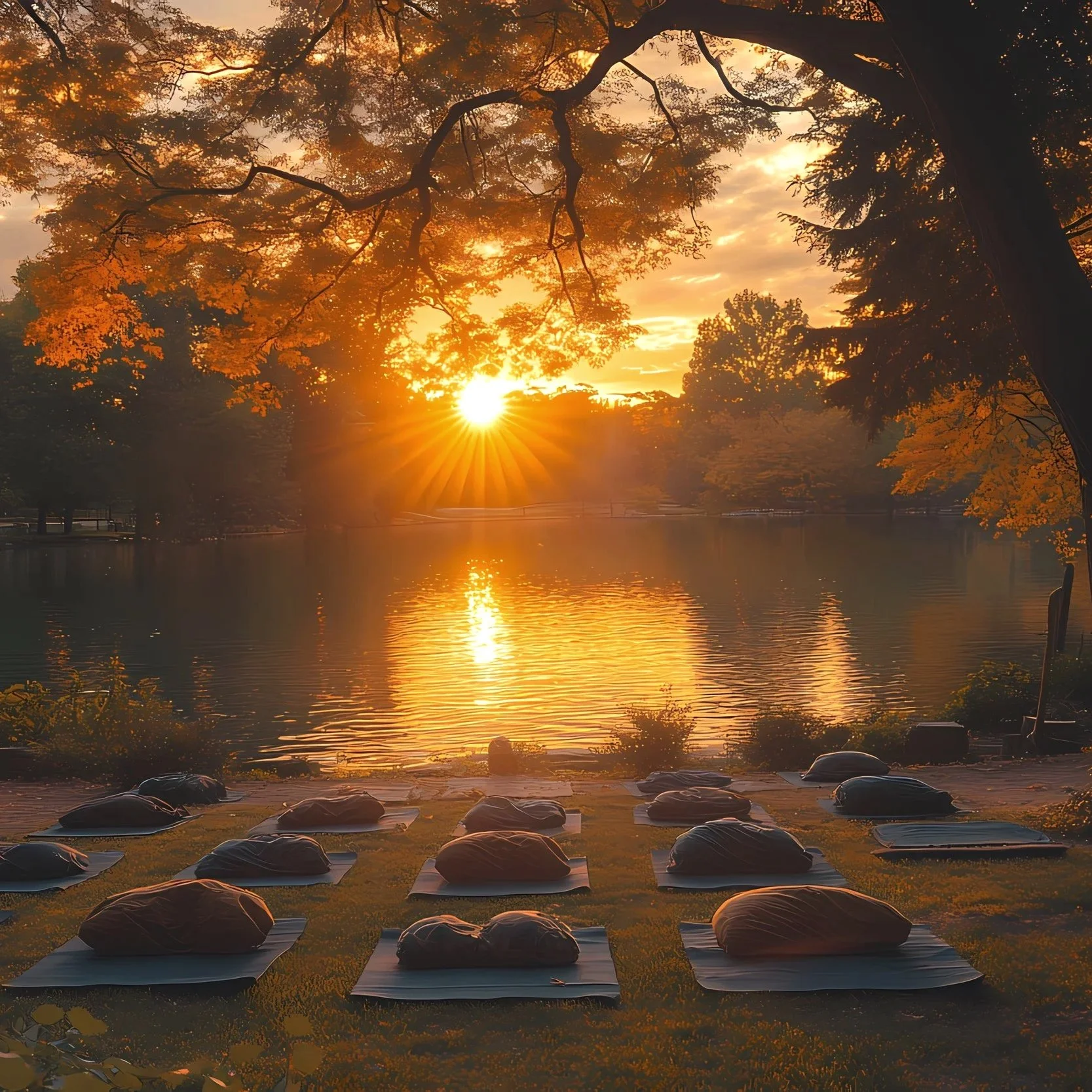 Sunset over a lake with yoga mats and blankets set up on the grass in the foreground, surrounded by trees with orange leaves.
