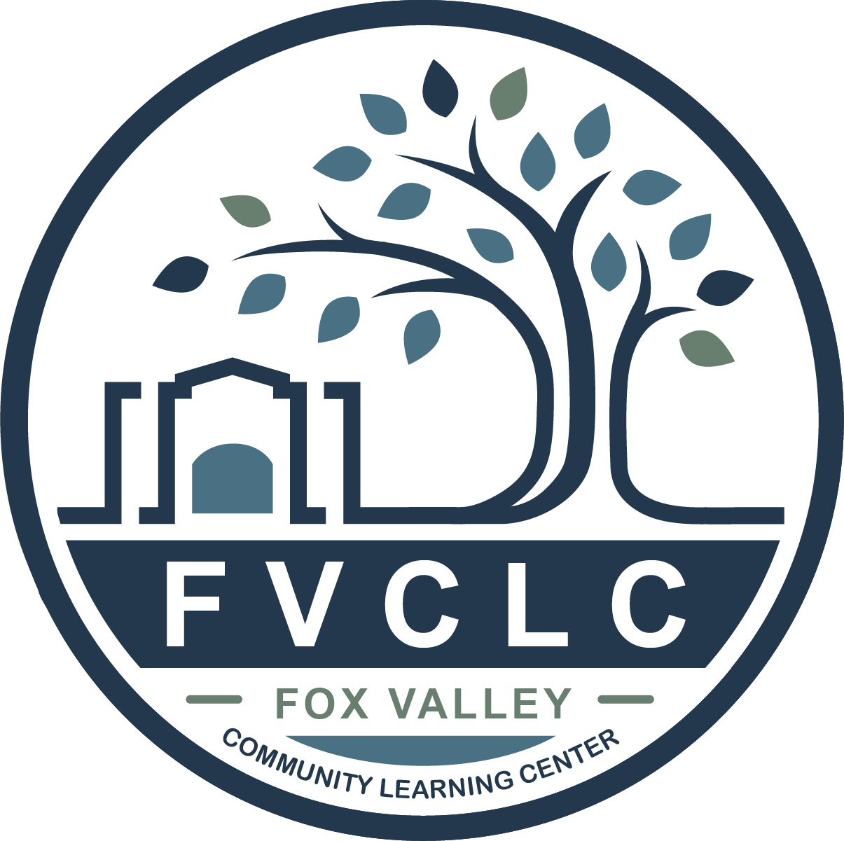 Logo with building and tree for Fox Valley Community Learning Center FVCLC