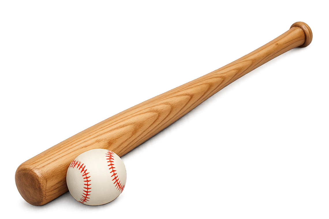 A wooden baseball bat resting on the ground with a white baseball near its base.
