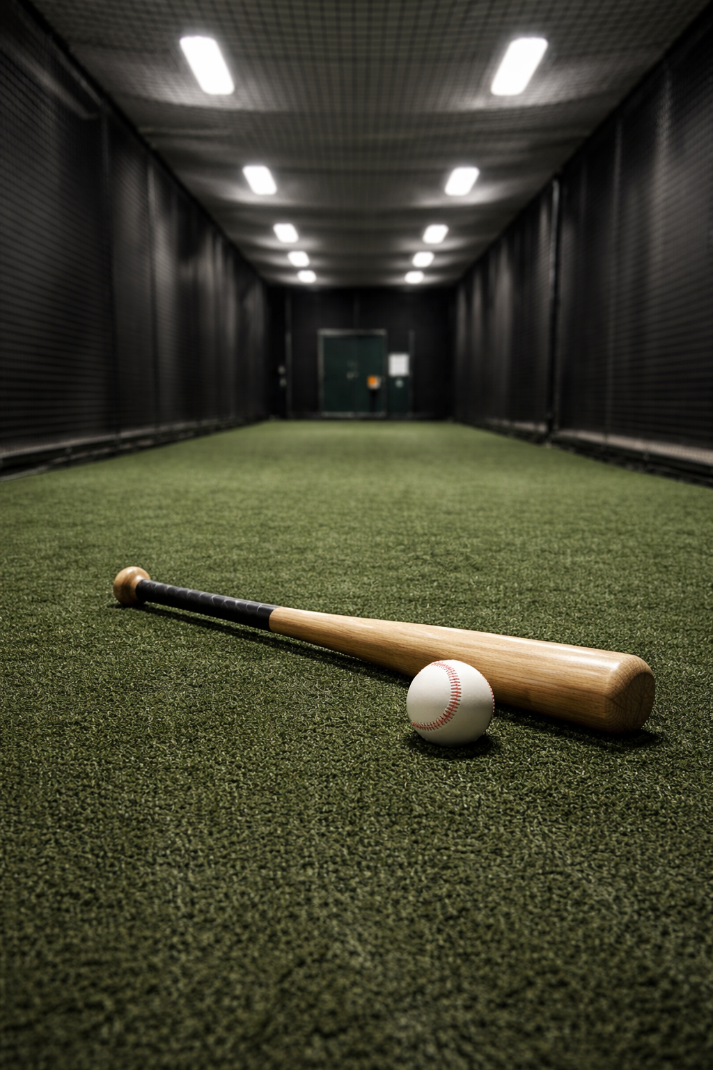 An empty baseball batting cage with artificial turf, a baseball bat lying on the ground, and a baseball nearby.