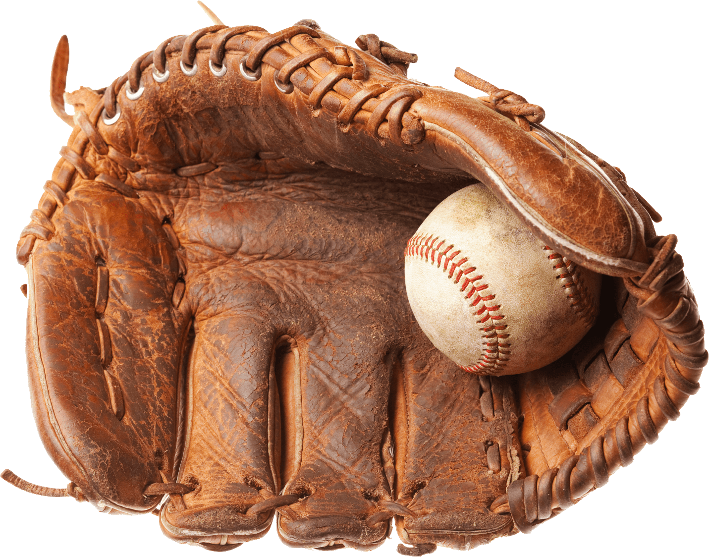 A worn leather baseball glove holding a baseball.