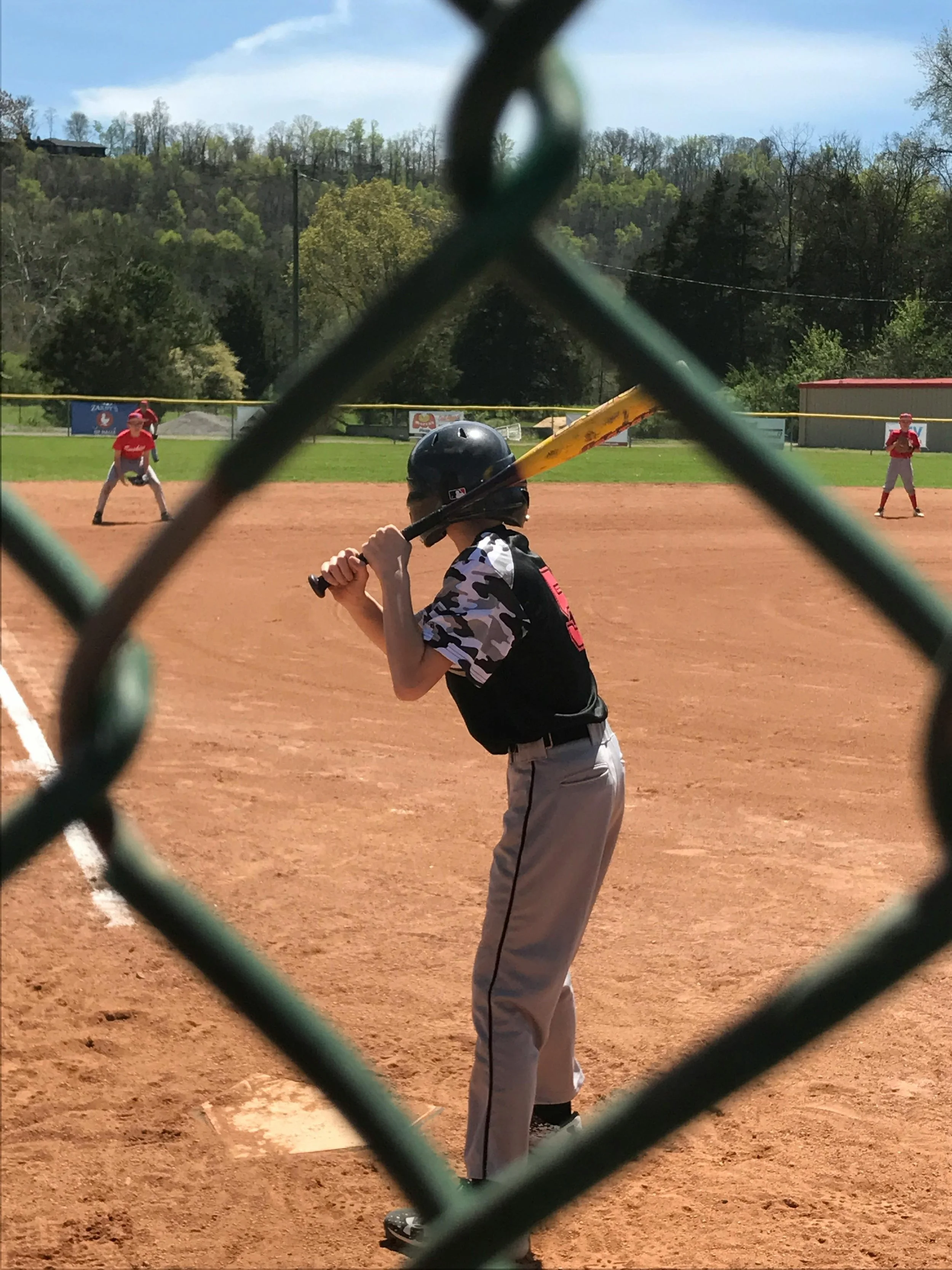 Young baseball player in gray pants and a black helmet stands at home plate, holding a yellow bat, ready to swing. Other players are positioned on the field in the background, with a scenic hillside and blue sky above.