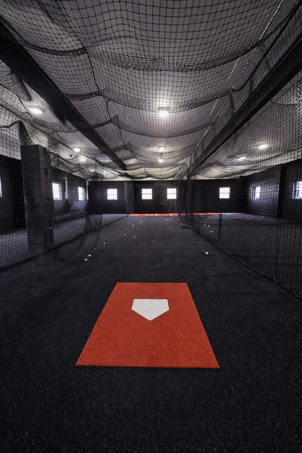 Indoor baseball batting cage with a red home plate on the black floor and netting surrounding the area.