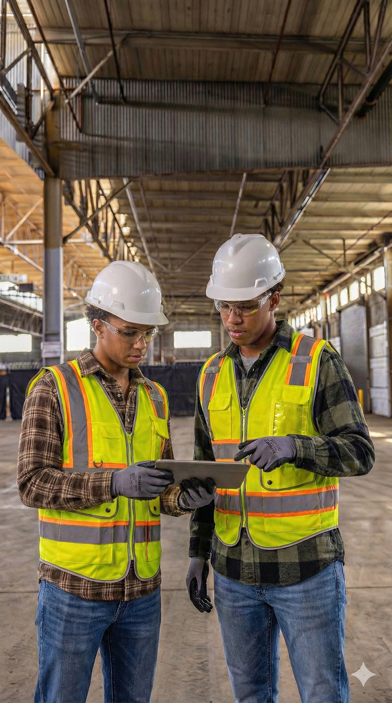 Two construction workers wearing yellow safety vests, white helmets, and glasses looking at a tablet inside a warehouse.