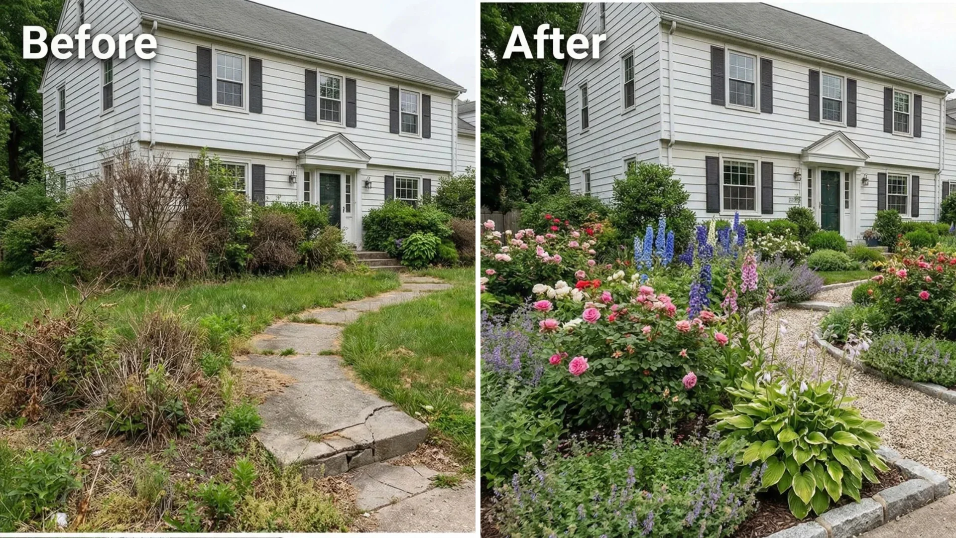 Before and after images of a house's garden transformation, showing removal of overgrown bushes and planting of colorful flowers.