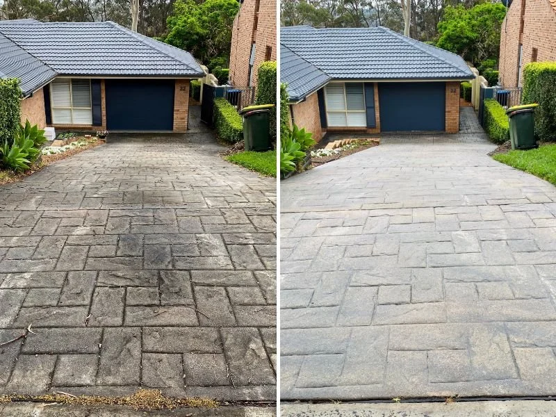 Comparison of a driveway before (left) and after (right) cleaning or sealing, with the cleaned version showing brighter and more uniform paving stones.