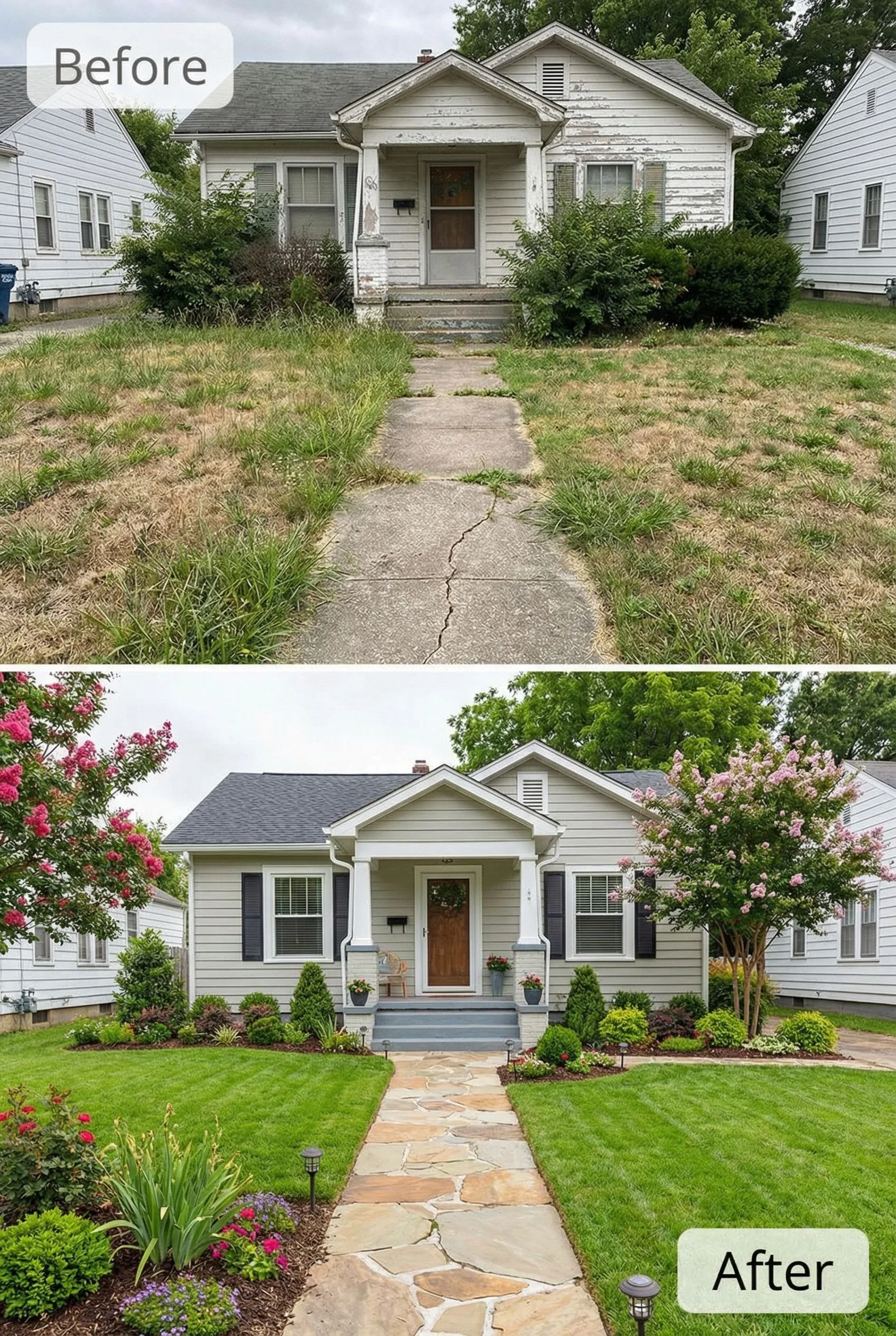 Side-by-side comparison of a house before and after renovation. The 'before' image shows an old house with peeling paint, overgrown bushes, and a cracked walkway. The 'after' image displays the same house beautifully renovated with fresh paint, manicured garden, and a stone walkway.