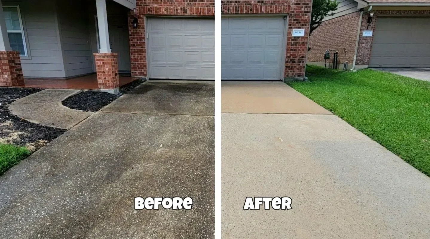 Comparison of a concrete driveway before and after cleaning. The left side shows a dirty, darkened concrete surface, while the right side shows a clean, light-colored surface.
