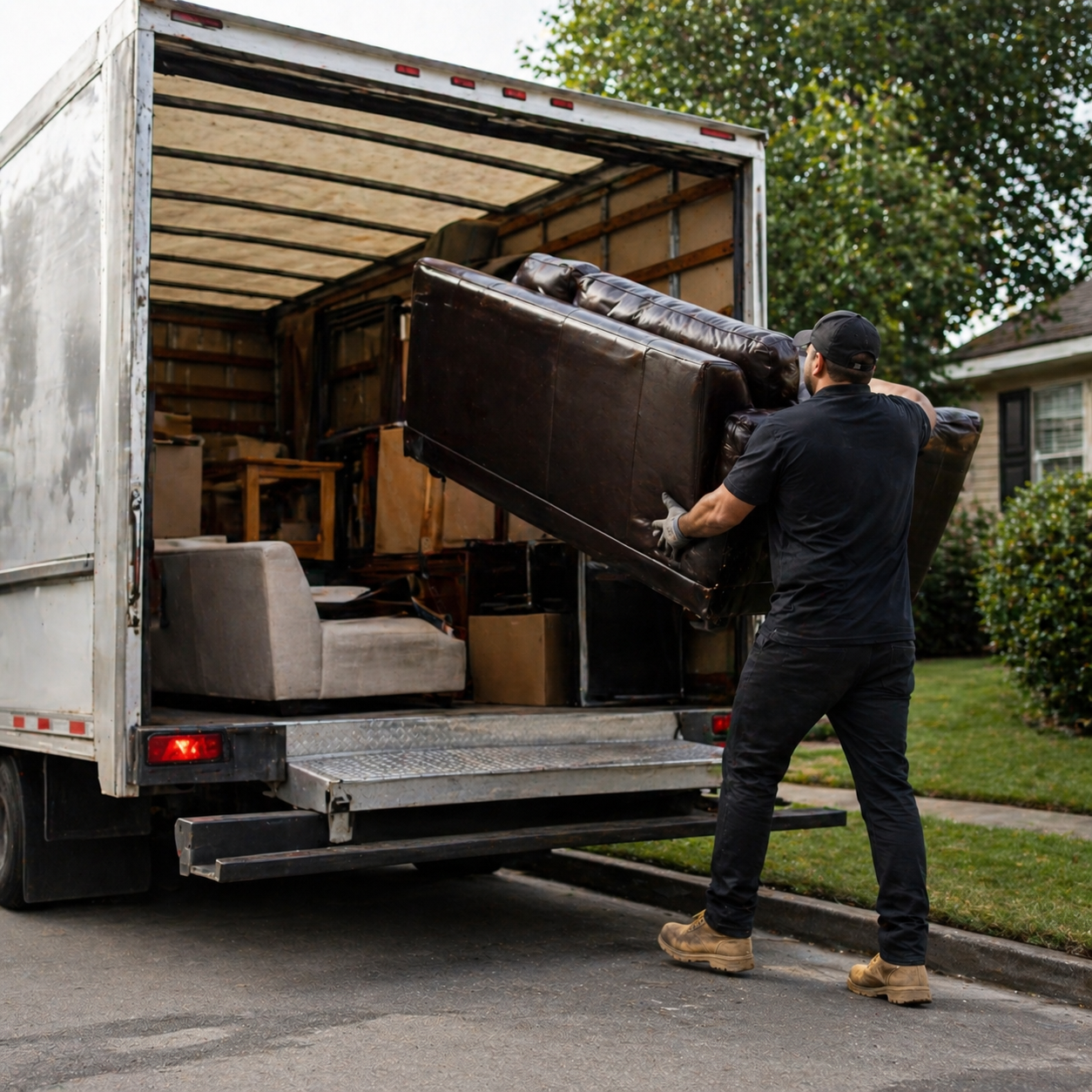 Man loading furniture into a moving truck in a residential neighborhood.