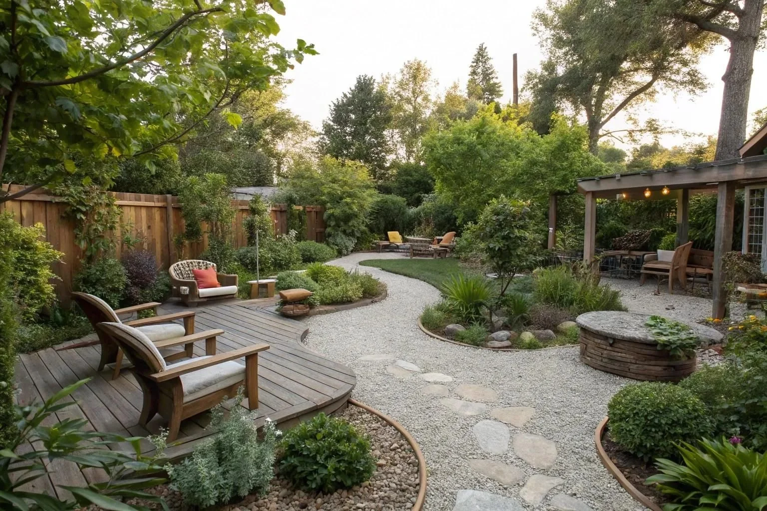 A beautifully landscaped backyard garden with a curved gravel pathway, wooden deck seating areas, lush green trees, shrubs, and plants, and a covered seating area with outdoor lights.
