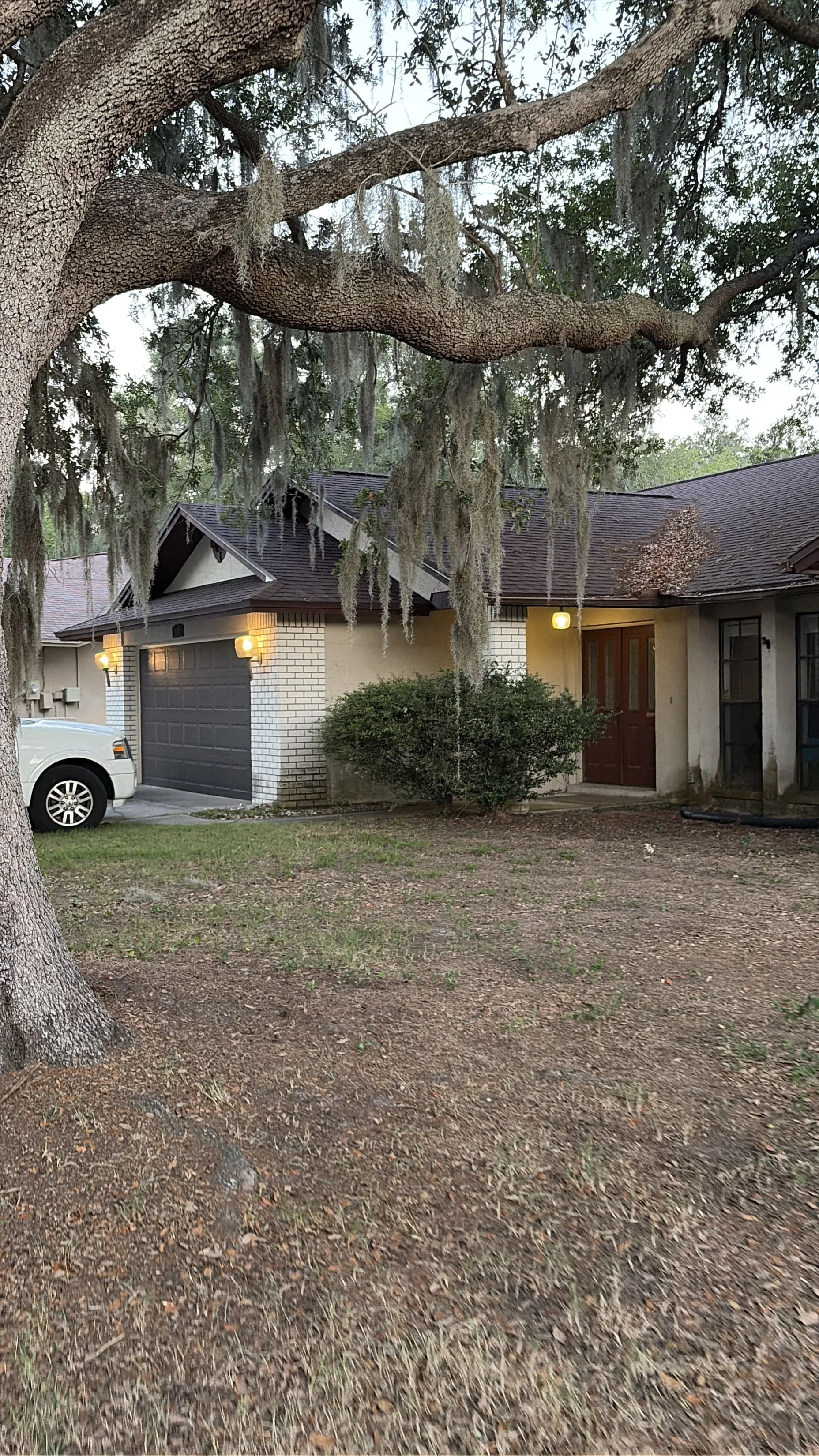 A house with a brown garage door and a brown front door, surrounded by trees with hanging moss, in a yard with brown dirt and some green grass, during the daytime.