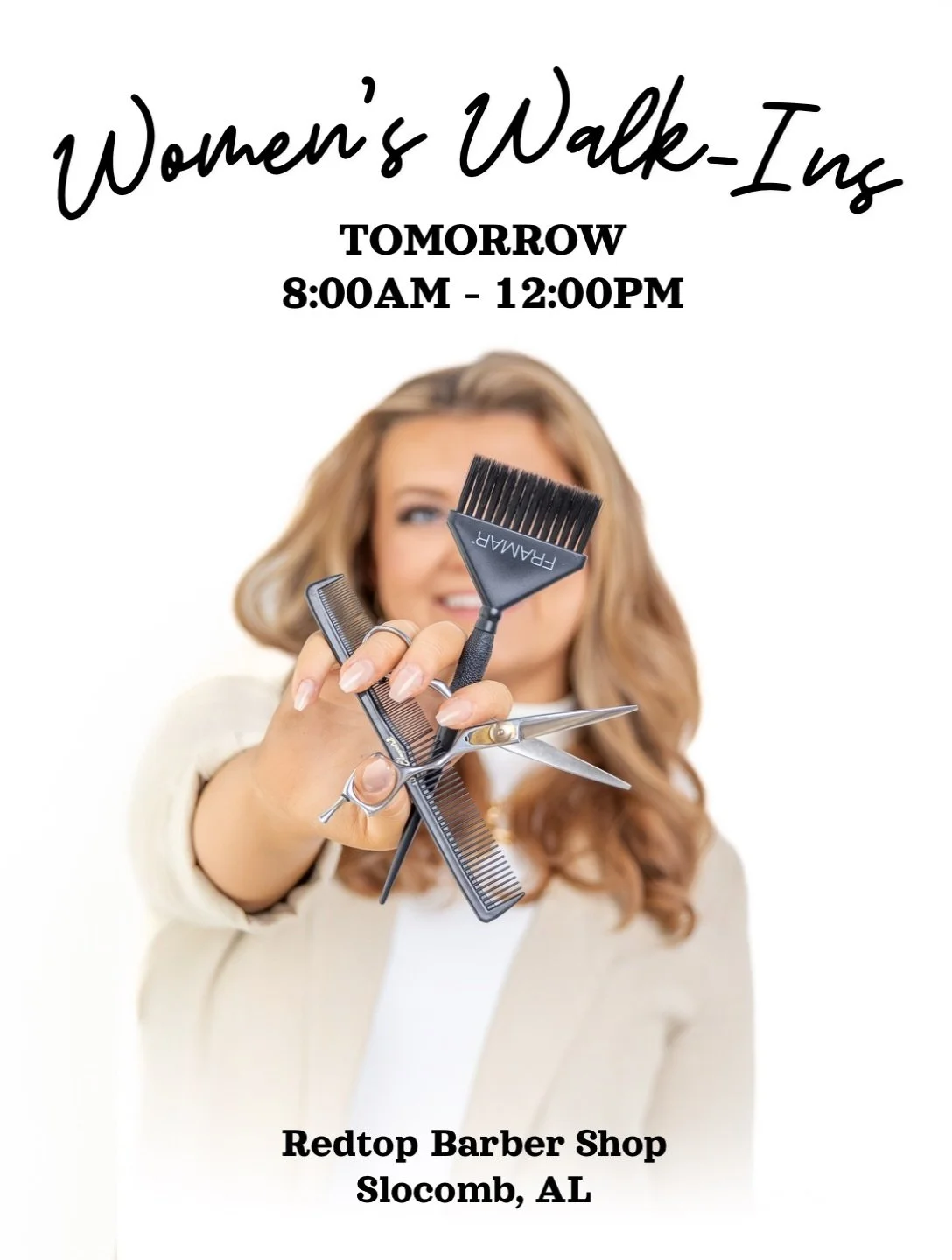 Good news! 🤍

I&rsquo;ll be at RedTop Barber Shop tomorrow from 8:00 AM&ndash;12:00 PM and I&rsquo;ll be taking women&rsquo;s walk-ins!

If you&rsquo;ve been wanting to try me out, need a quick refresh, or just don&rsquo;t want to wait for an appoin