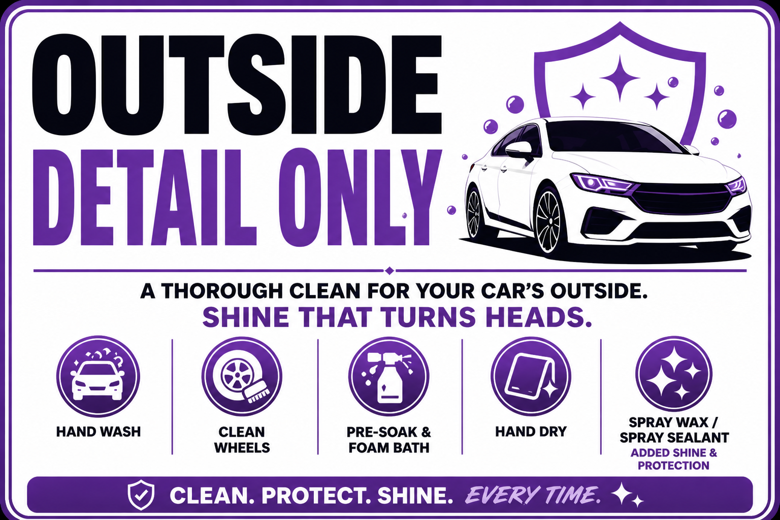A car care sign emphasizing outside detailing, featuring a white sports car illustration and instructions for hand wash, clean wheels, pre-soak and foam bath, hand dry, spray wax or sealant with added shine, and a message to shine that turns heads.
