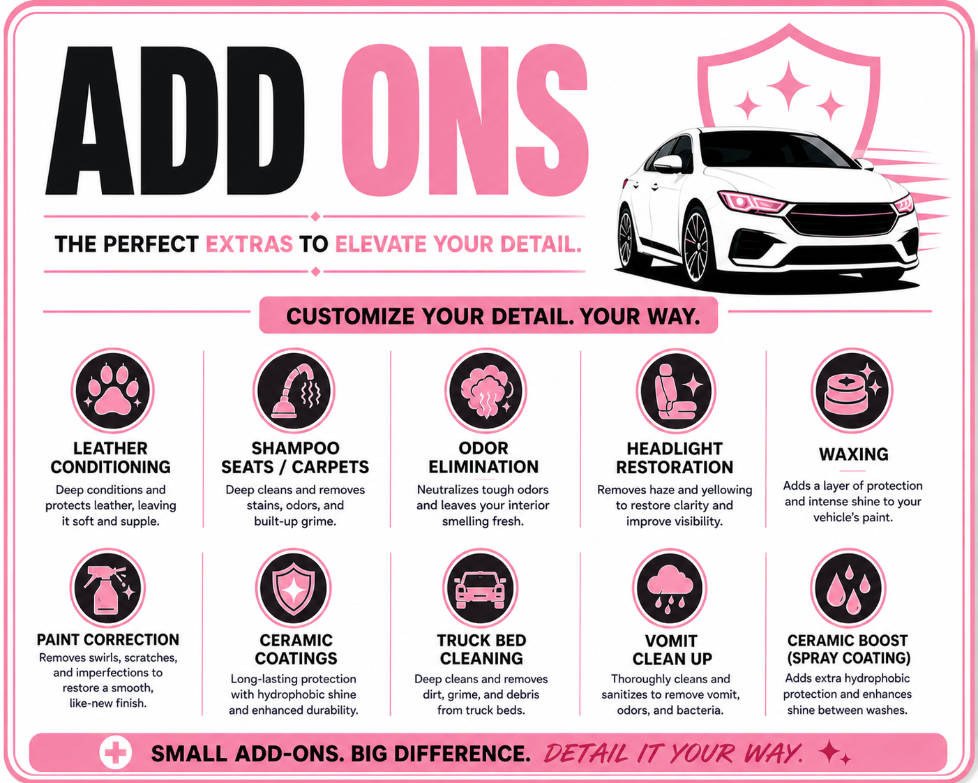 A promotional graphic for car detailing add-ons features a white car and pink accents, with icons and descriptions of services including leather conditioning, shampoo for seats and carpets, odor elimination, headlight restoration, waxing, paint correction, ceramic coatings, truck bed cleaning, vomit clean-up, and ceramic boost spray coating.