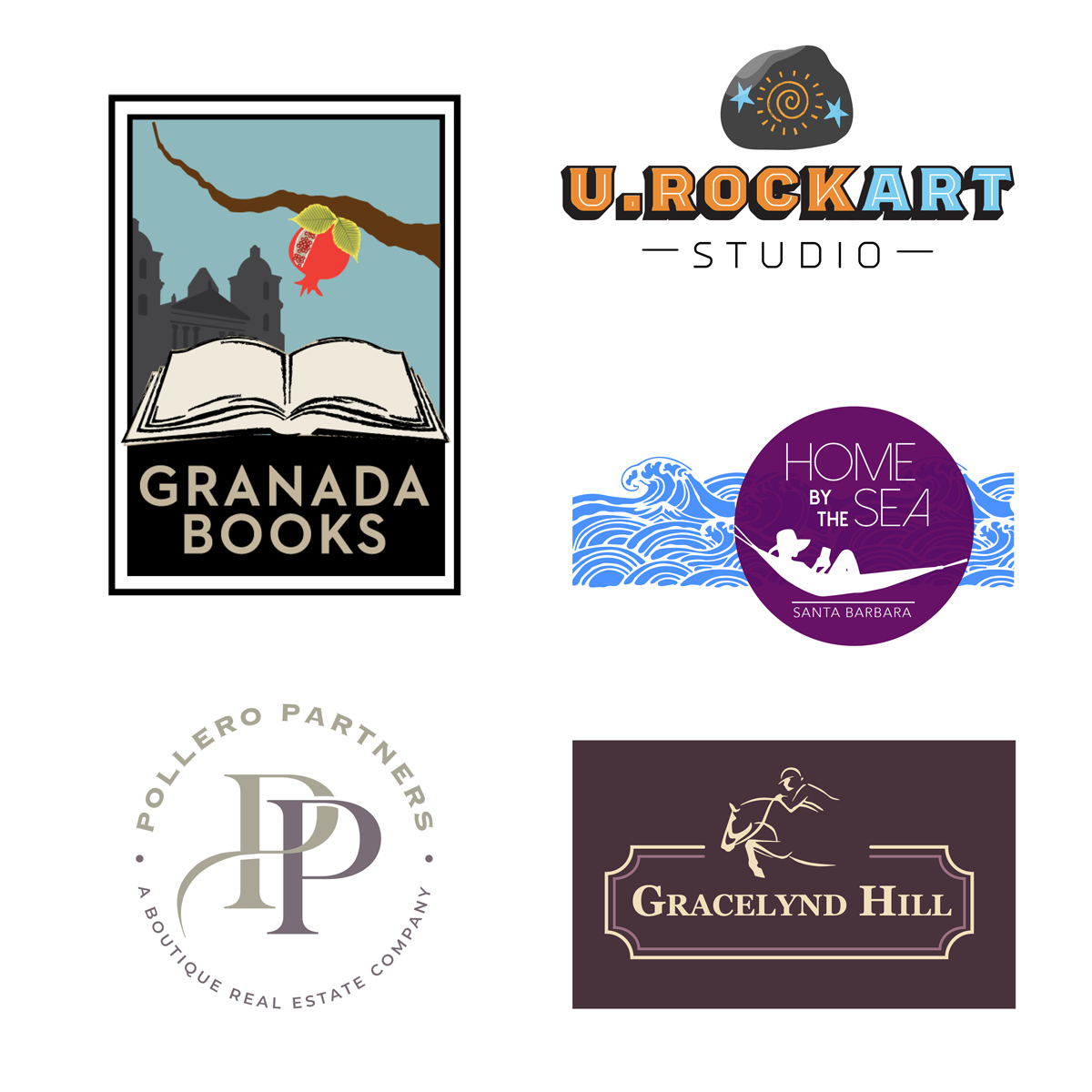 A selection of logos for personal clients --from a local bookstore to real estate agents to artists and horse trainers; I love working with people to create their own brand.