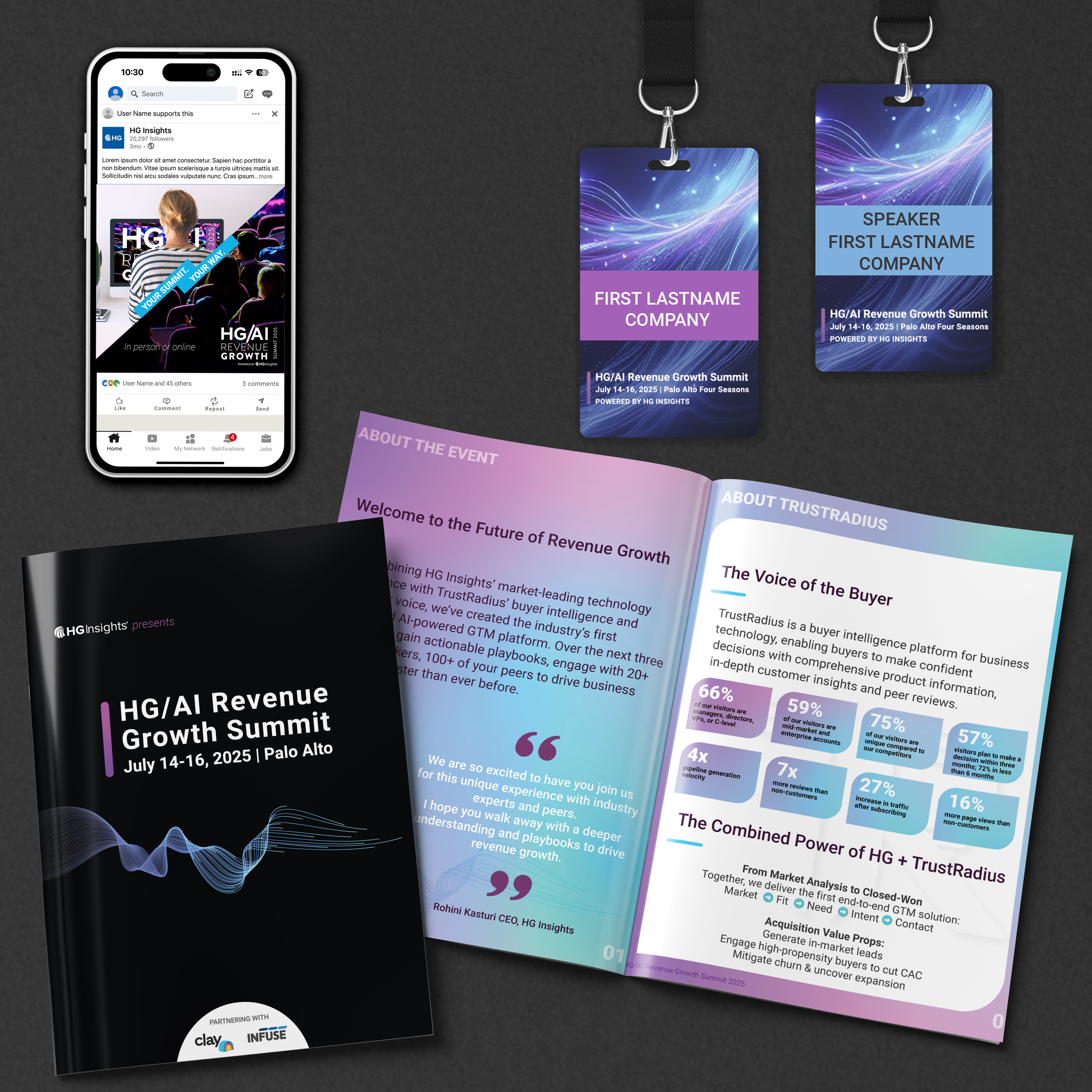 Social promotion, saddle-stitched printed event booklet, and badges