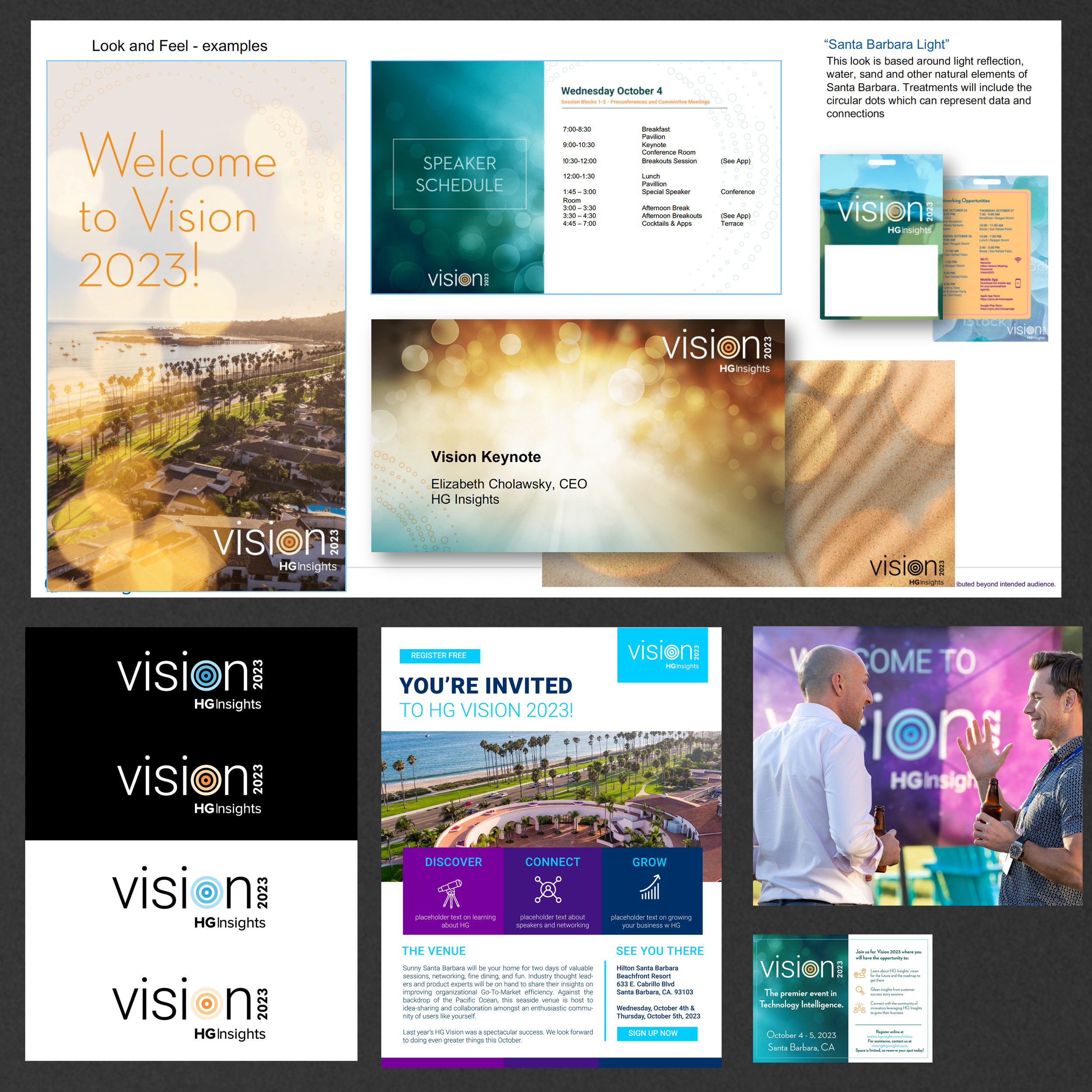 Branding proposal for the Vision Event, final logos, promotional email and print postcard, signage