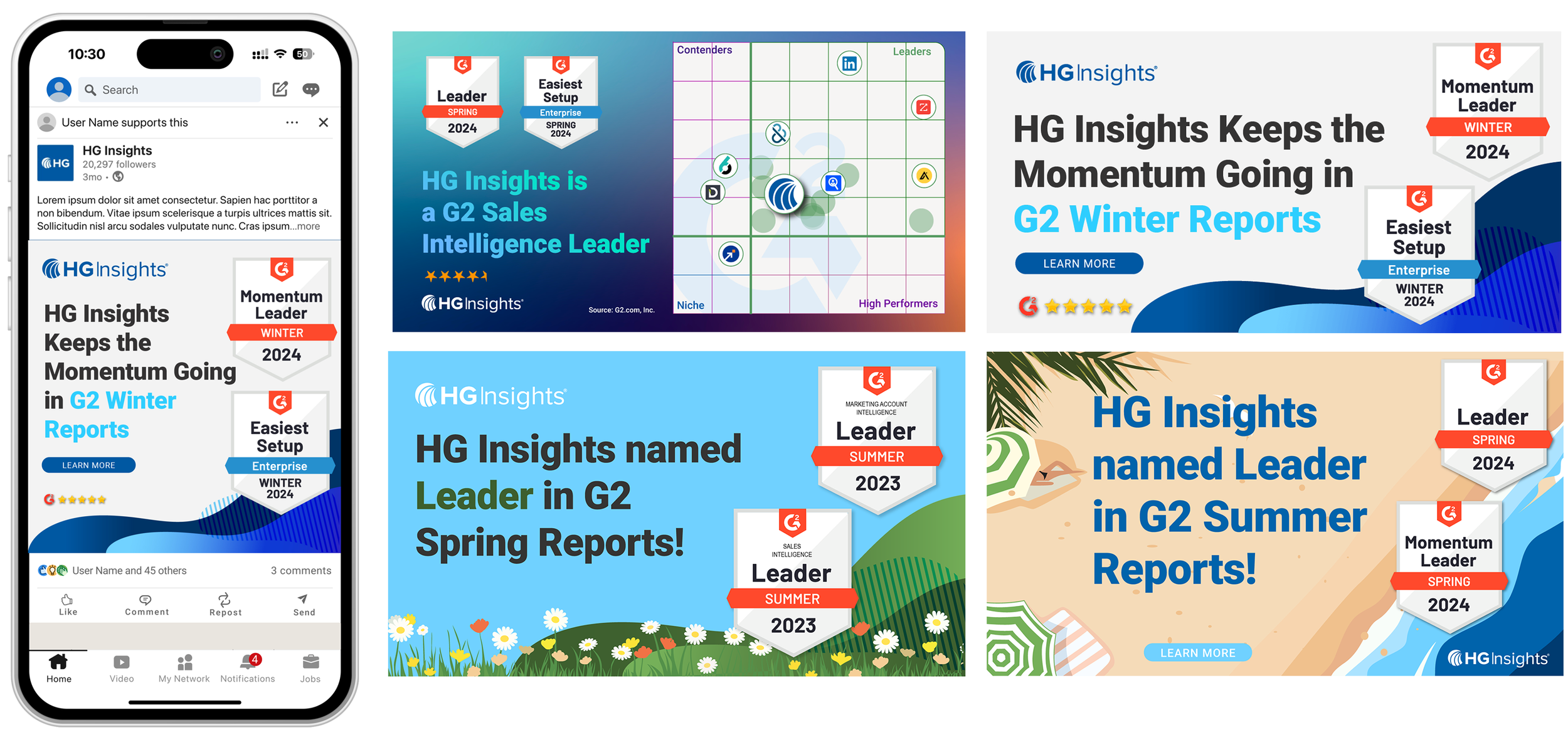 The G2 award is coveted in software. This was a series of social posts over a year leading to the HG Insights website.