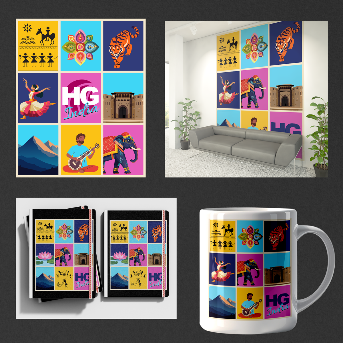 This was a project for Hg Insight's Pune, India  office. Part of a 'welcome kit' for new employees, I created this identity based on the local flavor of the town of Pune, featuring simple and bold visuals evocative of India's colorful culture.