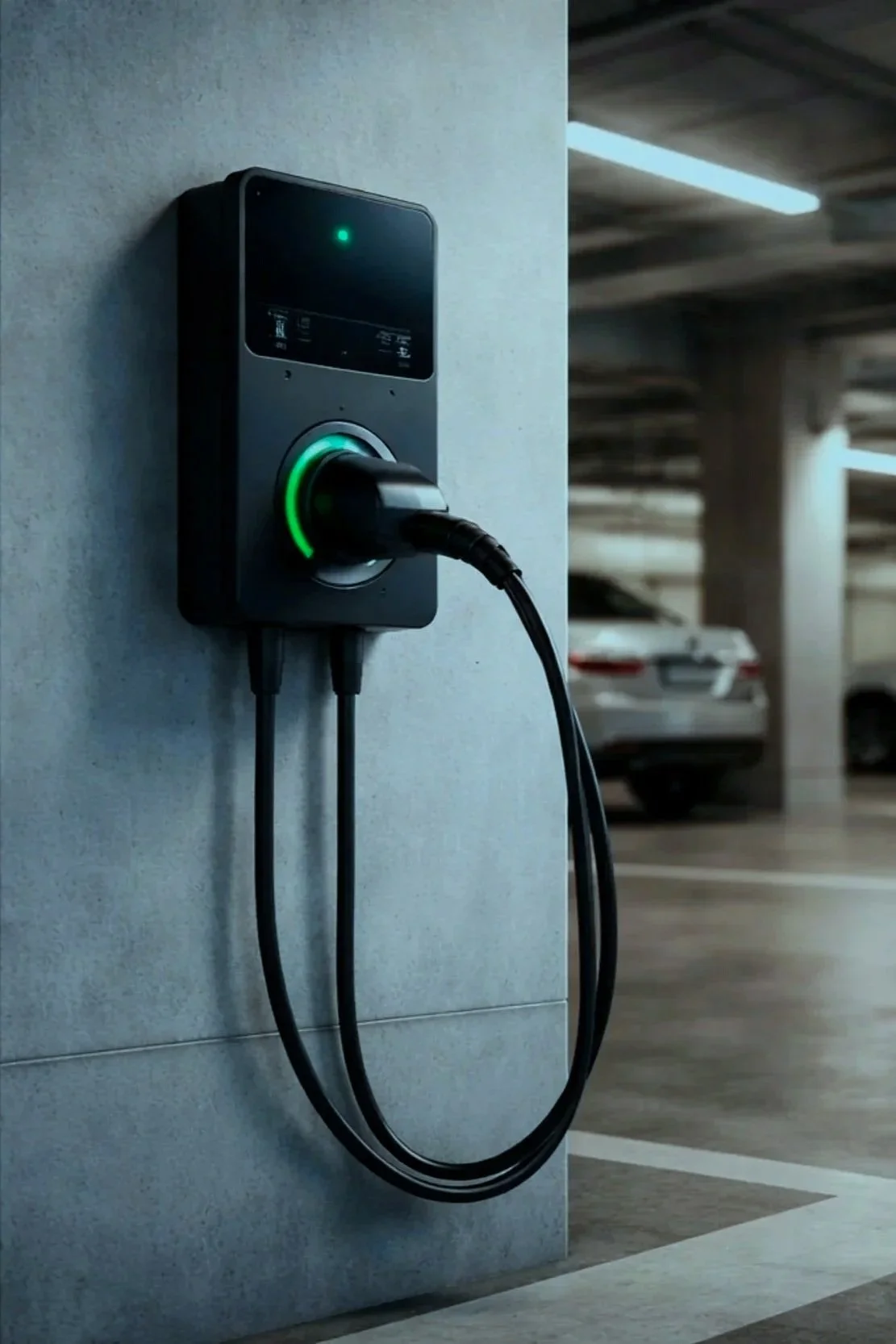 Electric vehicle charging station with an EV plugged in, located in a parking garage.