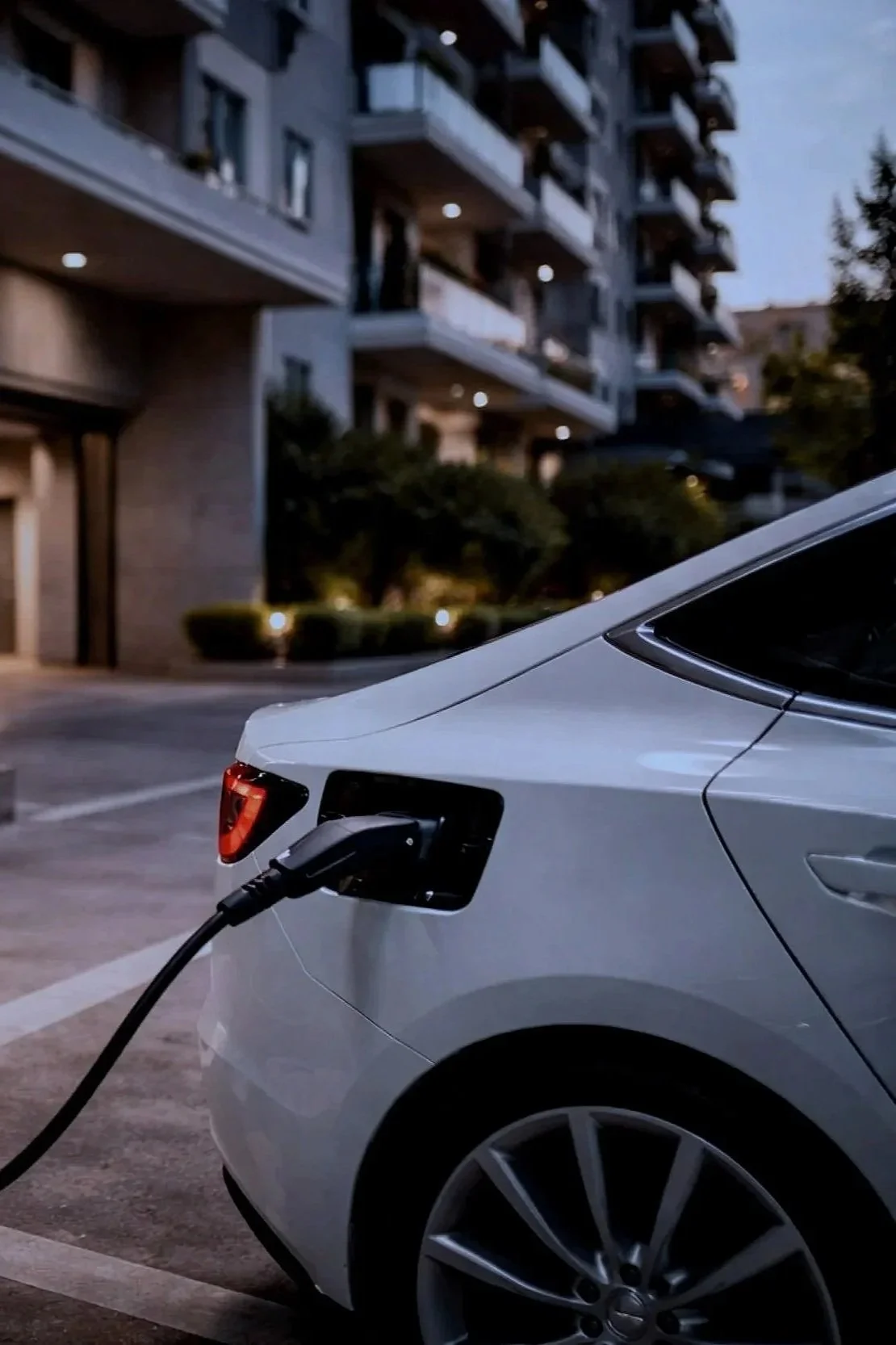An electric car plugged into a charging station in an outdoor parking lot during dusk, with a multi-story apartment building in the background.