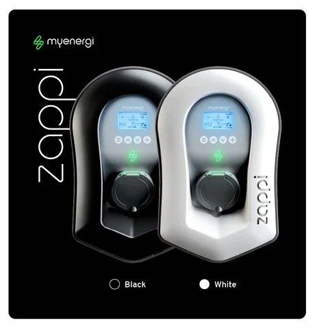 Black and white Zappi EV chargers for solar-aware home charging