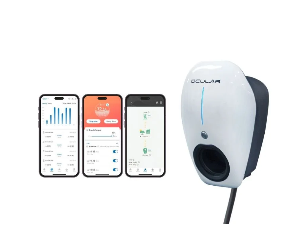 White Ocular IQ Home Solar EV charger with mobile app monitoring