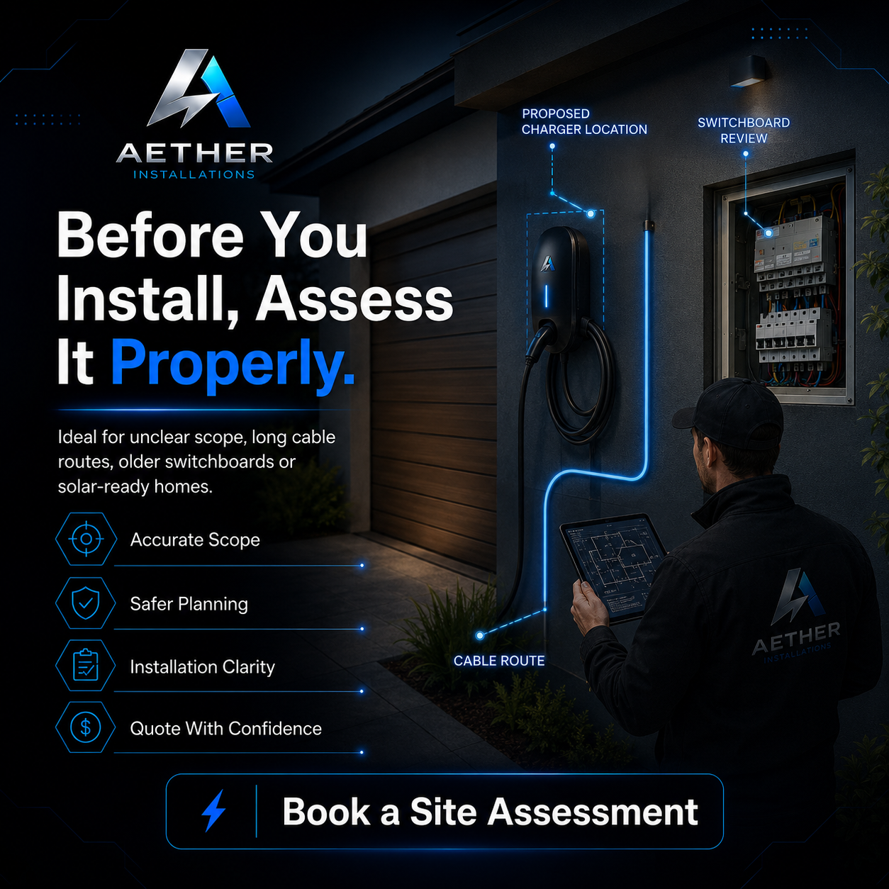 EV charger installation assessment reviewing switchboard capacity, cable route and charger location before installation