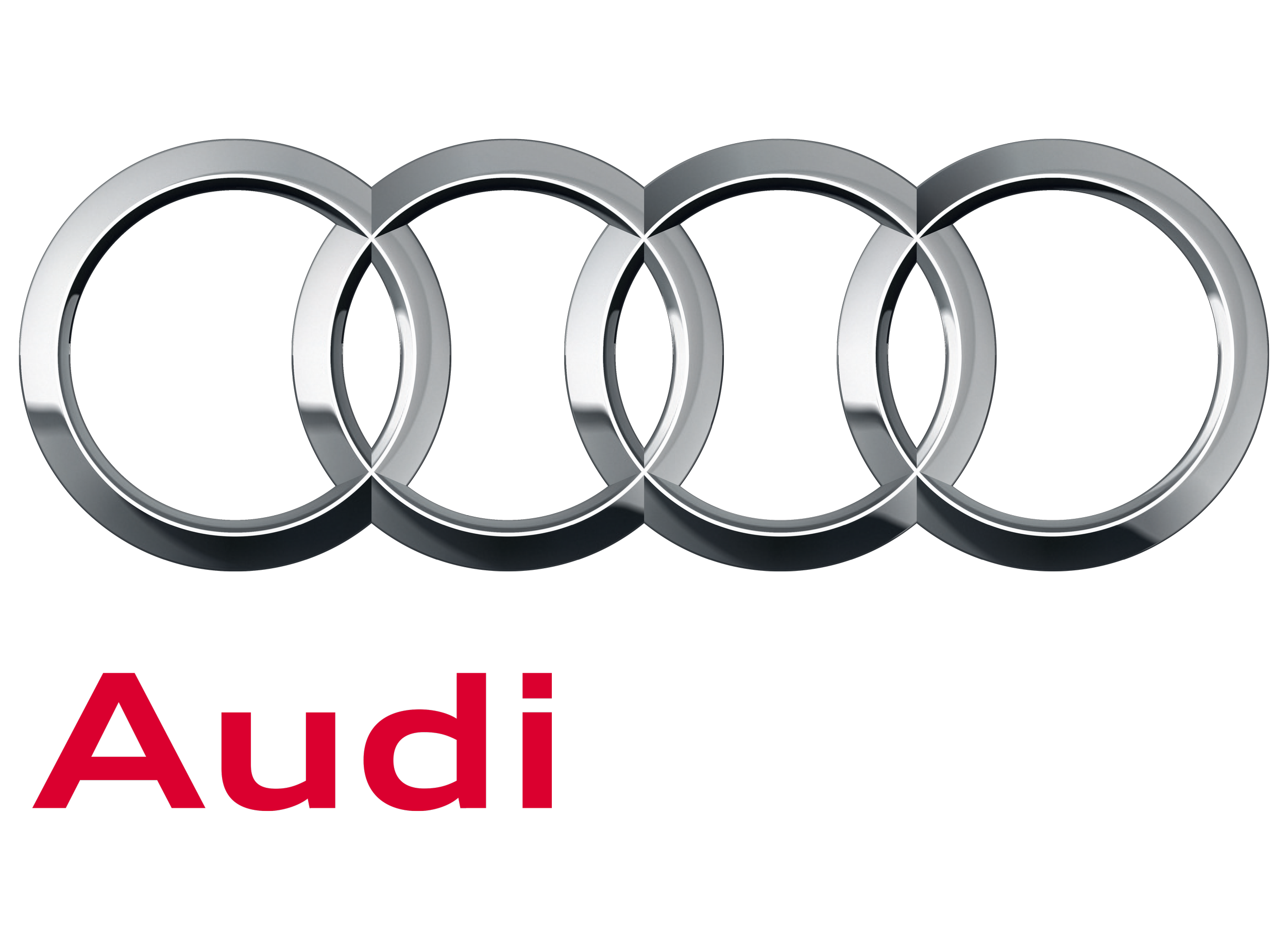 The image features four interlocking silver rings with the Audi logo above and red, black, and red text spelling 'Audi' below.
