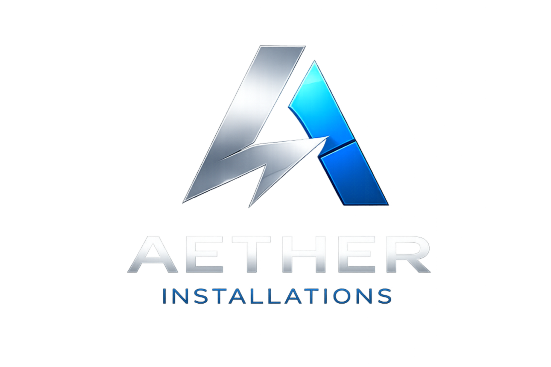 Logo of Aether Installations with a stylized letter A and lightning bolt in silver and blue, and the text 'Aether Installations' written below.