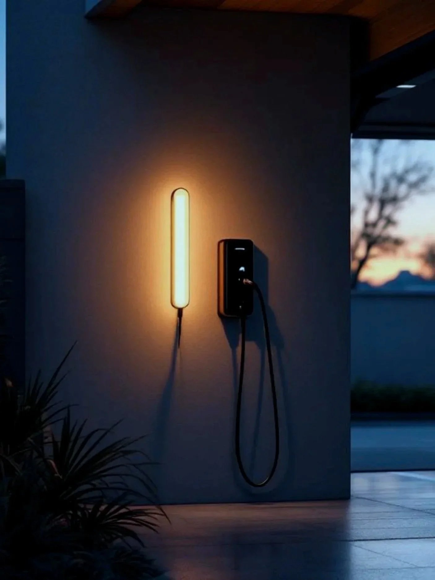 A modern wall-mounted vertical light fixture emitting a warm glow on a dark wall, with a wireless charging device attached, with outdoor trees visible through a window in the background at dusk.