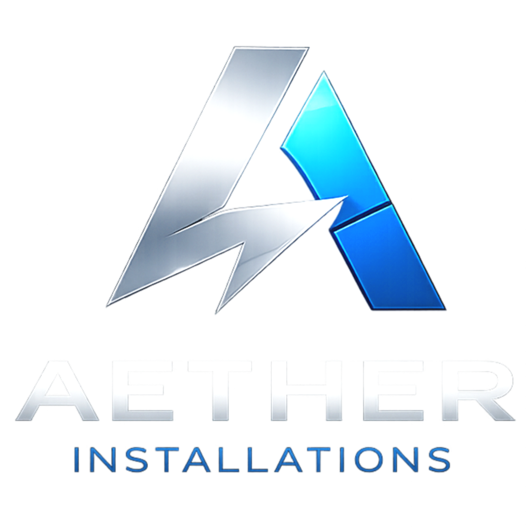 Logo for Aether Installations featuring a stylized lightning bolt and triangle with gradient silver and blue colors, with the text 'Aether Installations' underneath.