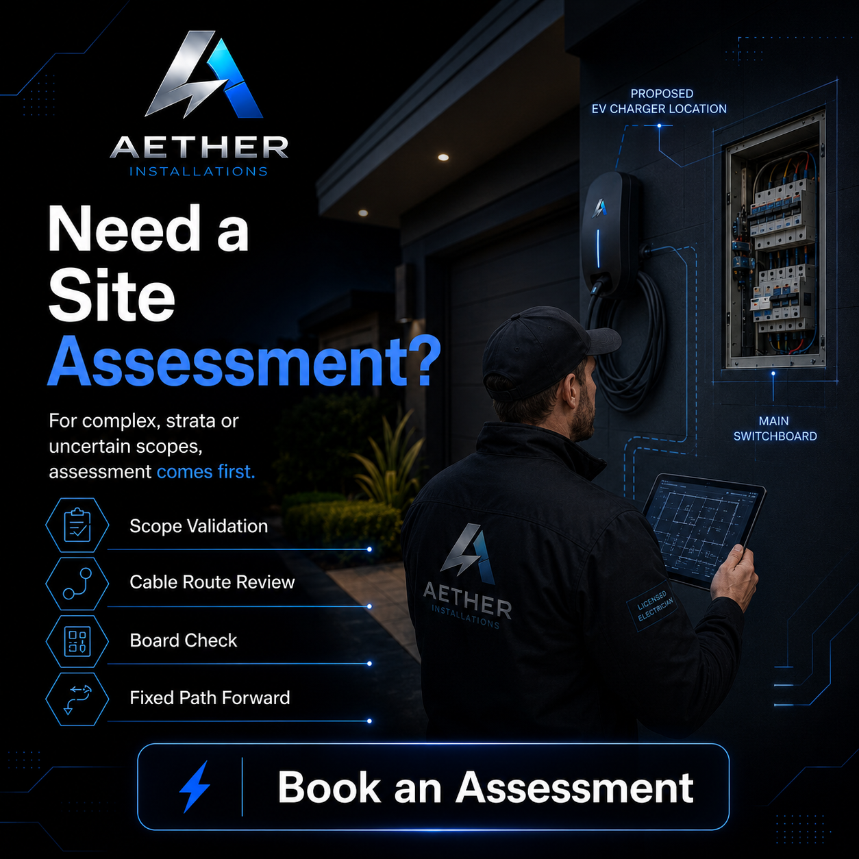 Aether Installations residential EV charger site review for property suitability, power capacity and cable path planning