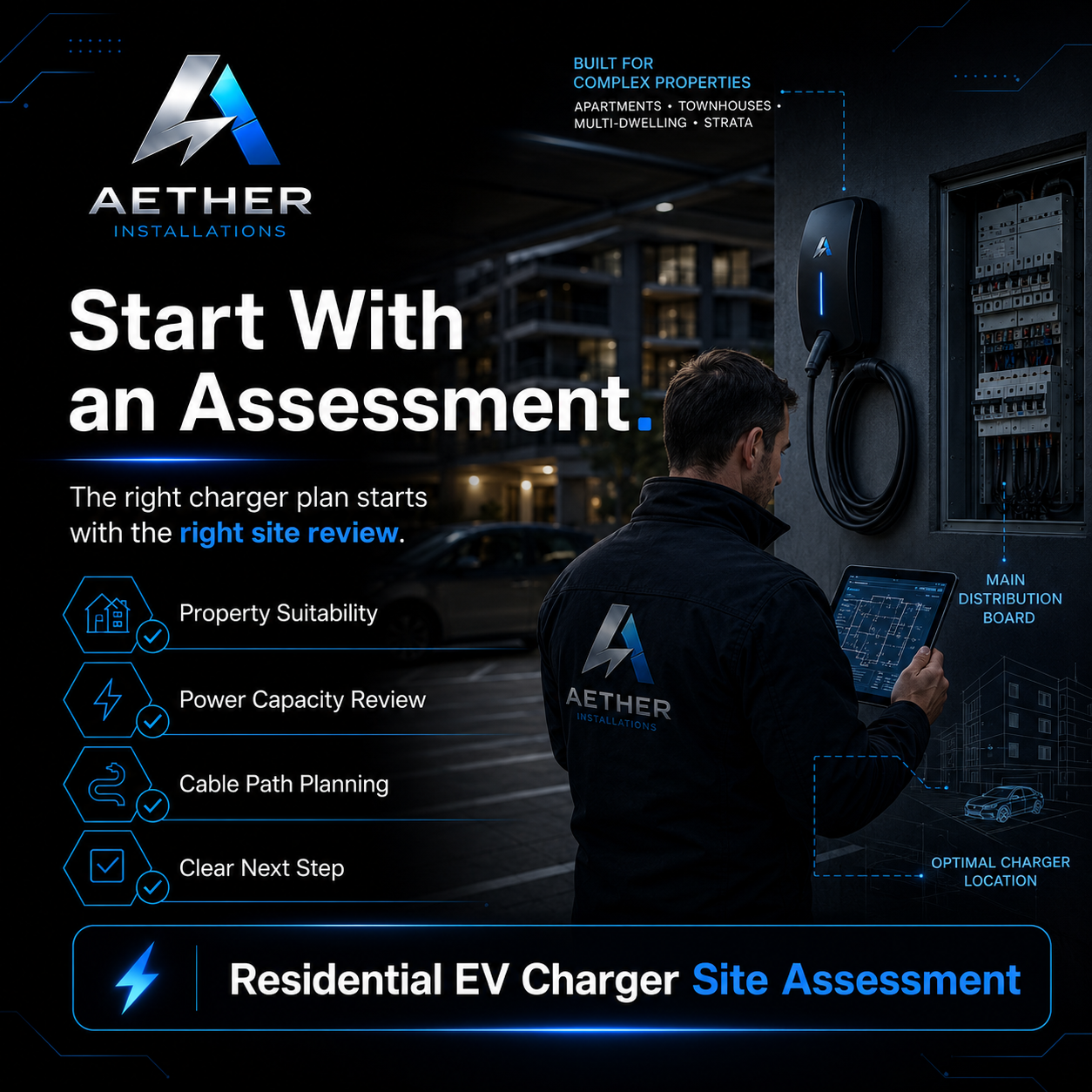 Residential EV charger site assessment by Aether Installations for complex or uncertain installation scopes