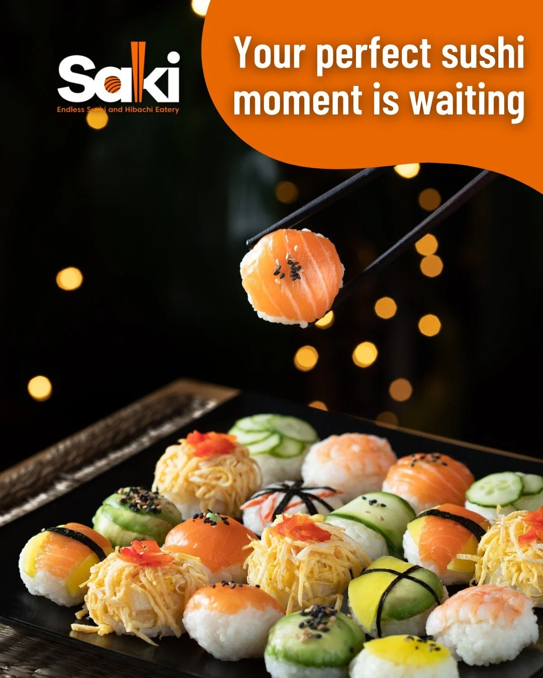 A plate of various sushi pieces, including salmon, cucumber, and egg sushi, with chopsticks holding a piece of salmon sushi in the foreground. Background has a dark setting with warm bokeh lights.
