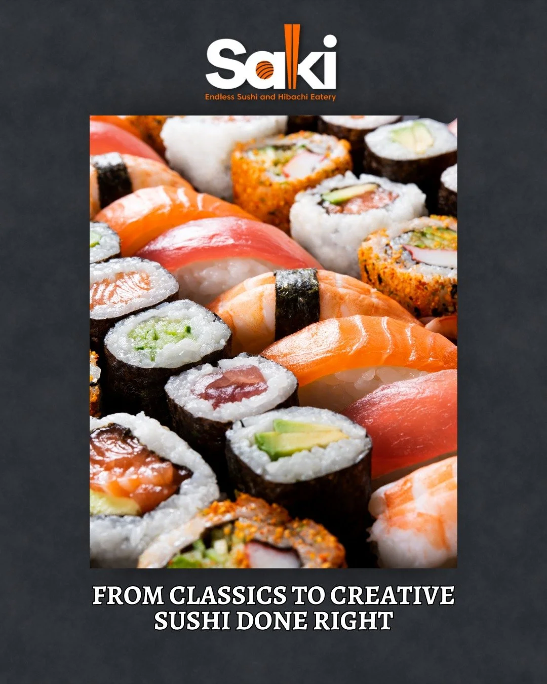 A variety of sushi rolls and sashimi pieces with vibrant colors and textures, arranged close-up on a black background.