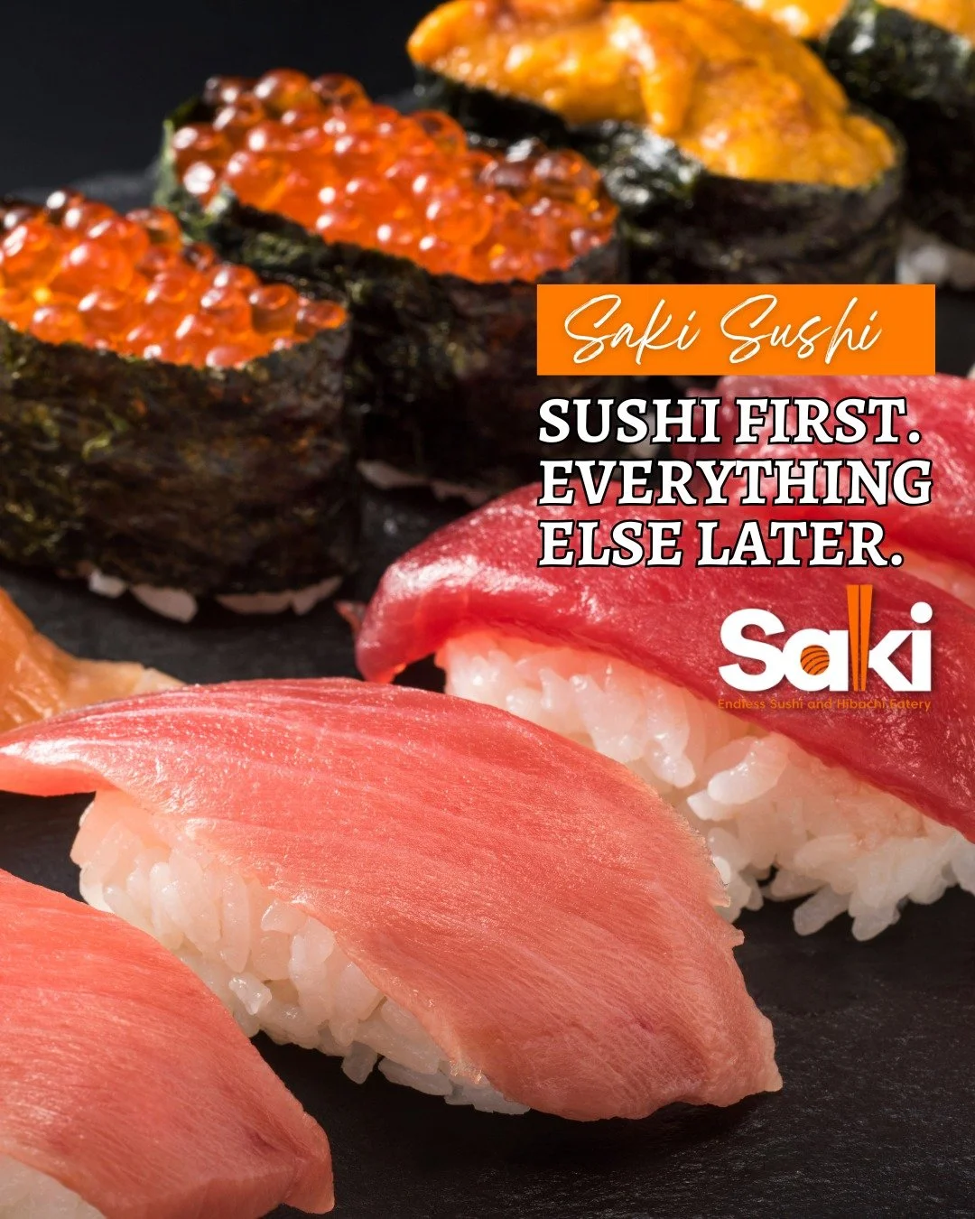 Close-up of assorted sushi, including tuna, salmon, and eel topped with fish roe, on a black surface with promotional text overlay.