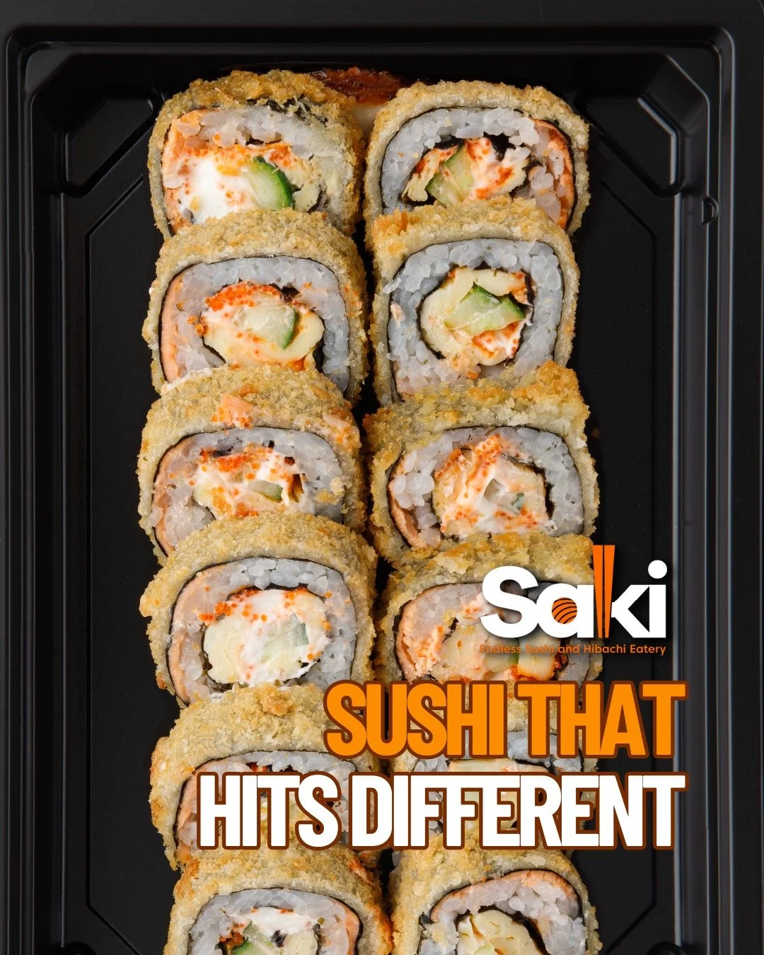 Close-up view of a tray of fried sushi rolls with various fillings, arranged in two columns.