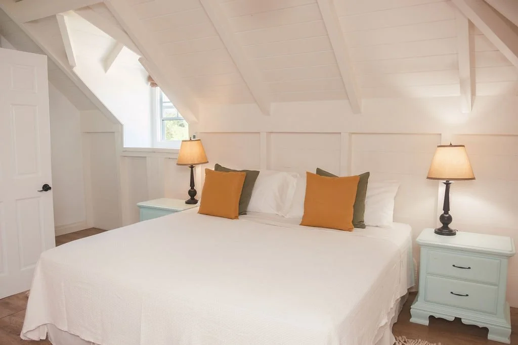 A cozy bedroom with a slanted ceiling, white walls, a large bed with white bedding, and four pillows (two white, two rust-colored). Two nightstands with black lamps flank the bed. There is a window near the ceiling showing greenery outside.