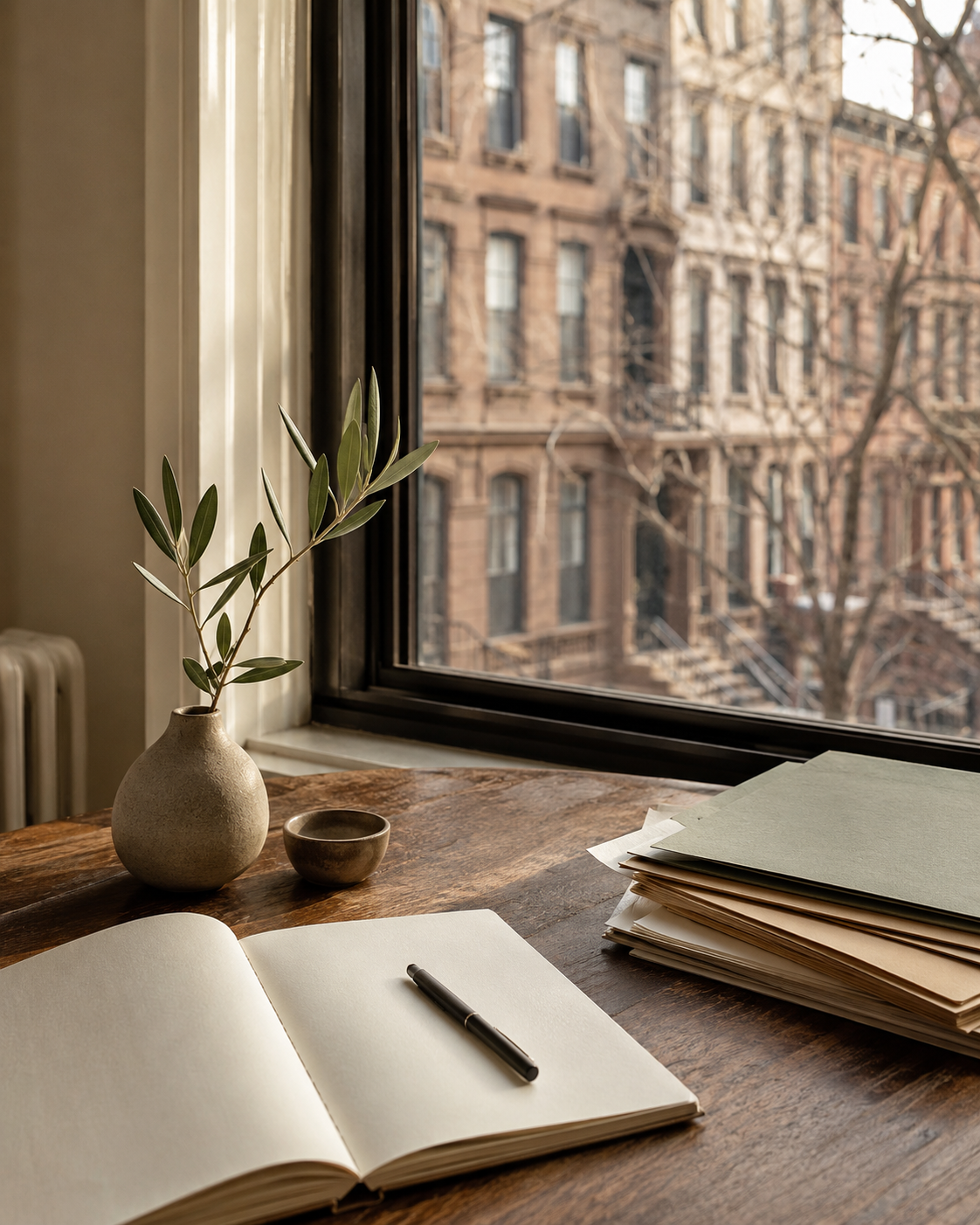 Desk with a notebook, pen, plant, and view of New York brownstones.
