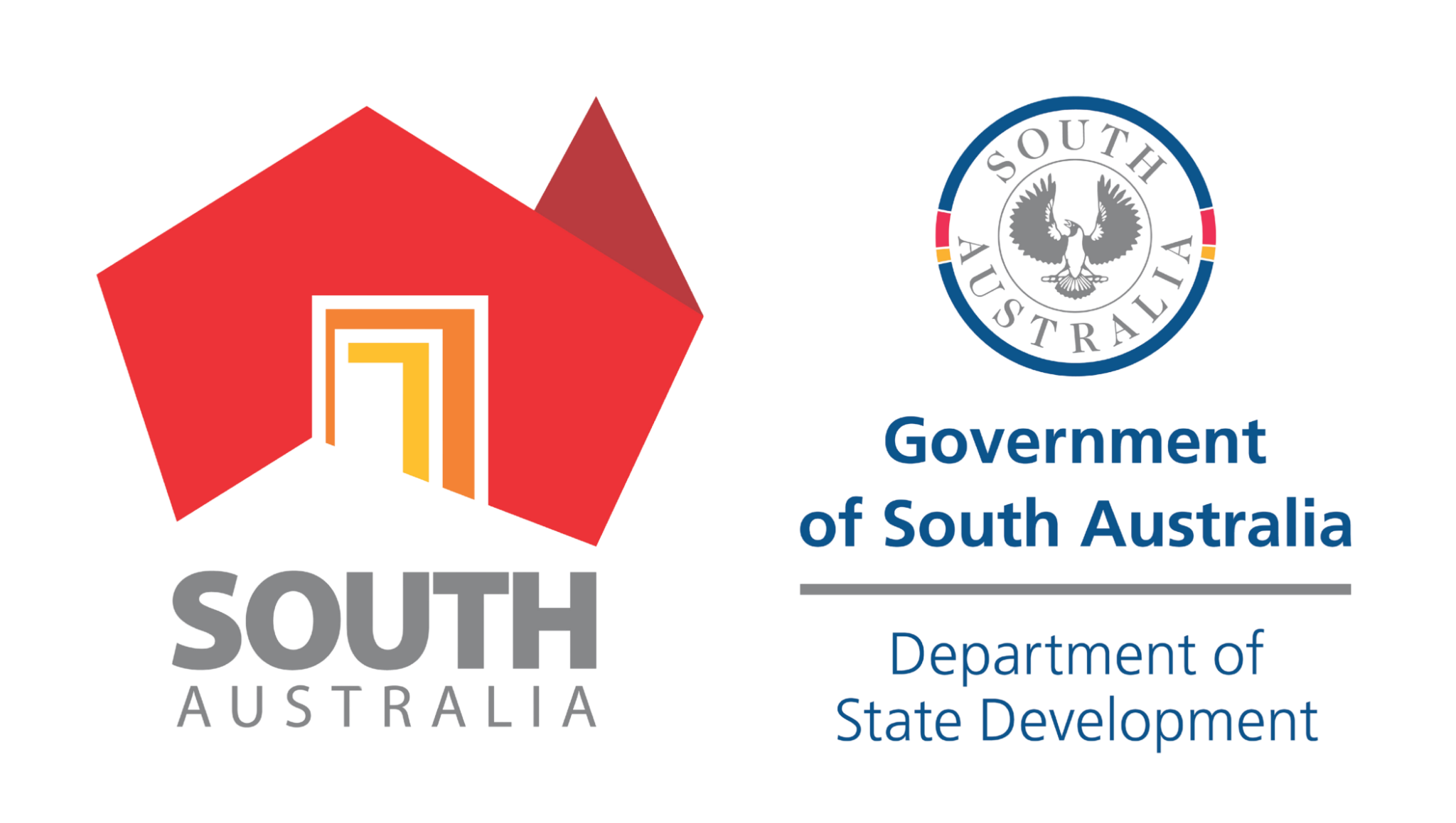Logo of the South Australia Department of State Development featuring a red geometric shape, the Government of South Australia circular crest, and text indicating South Australia Department of State Development.
