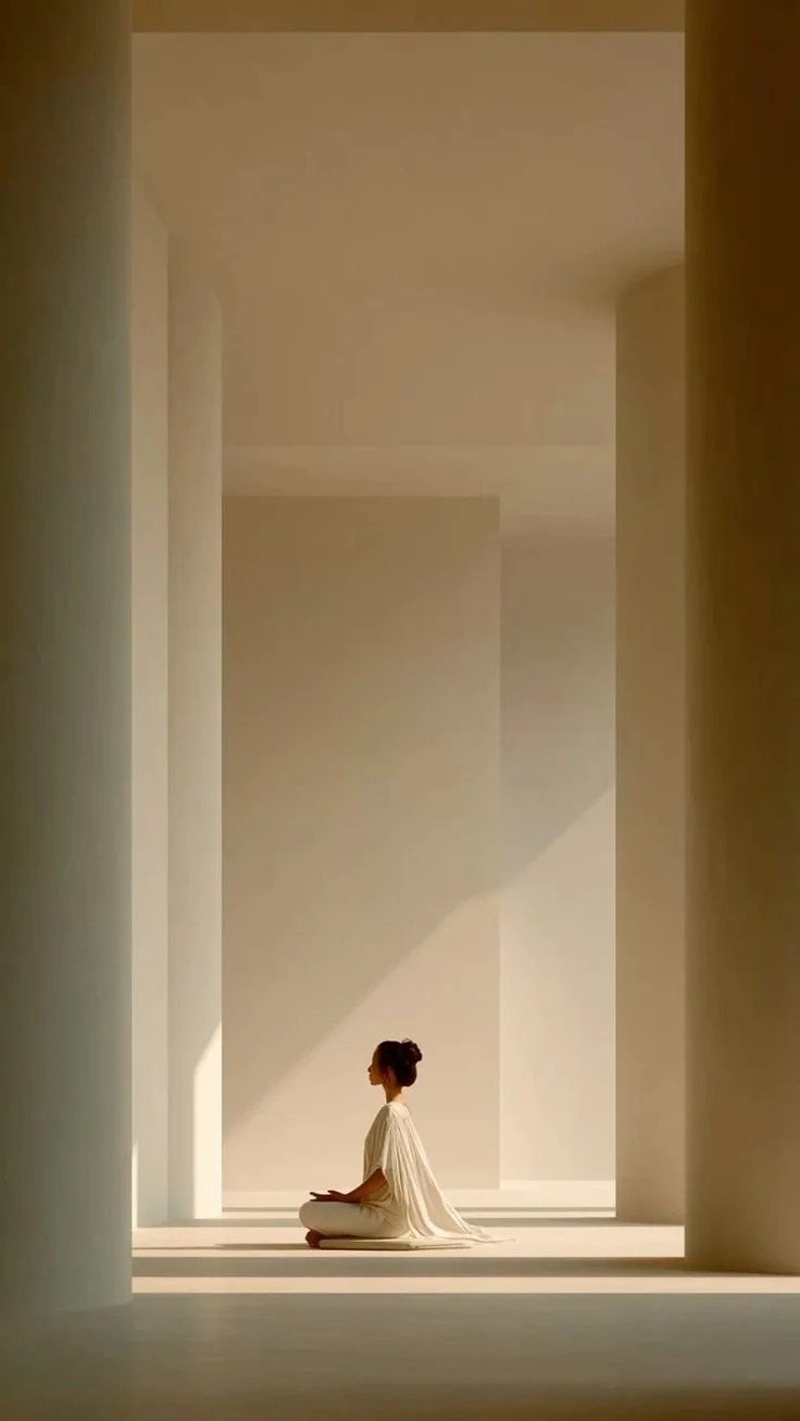 A woman practicing yoga or meditation in a minimalist, light-colored indoor space with large pillars and soft natural lighting.